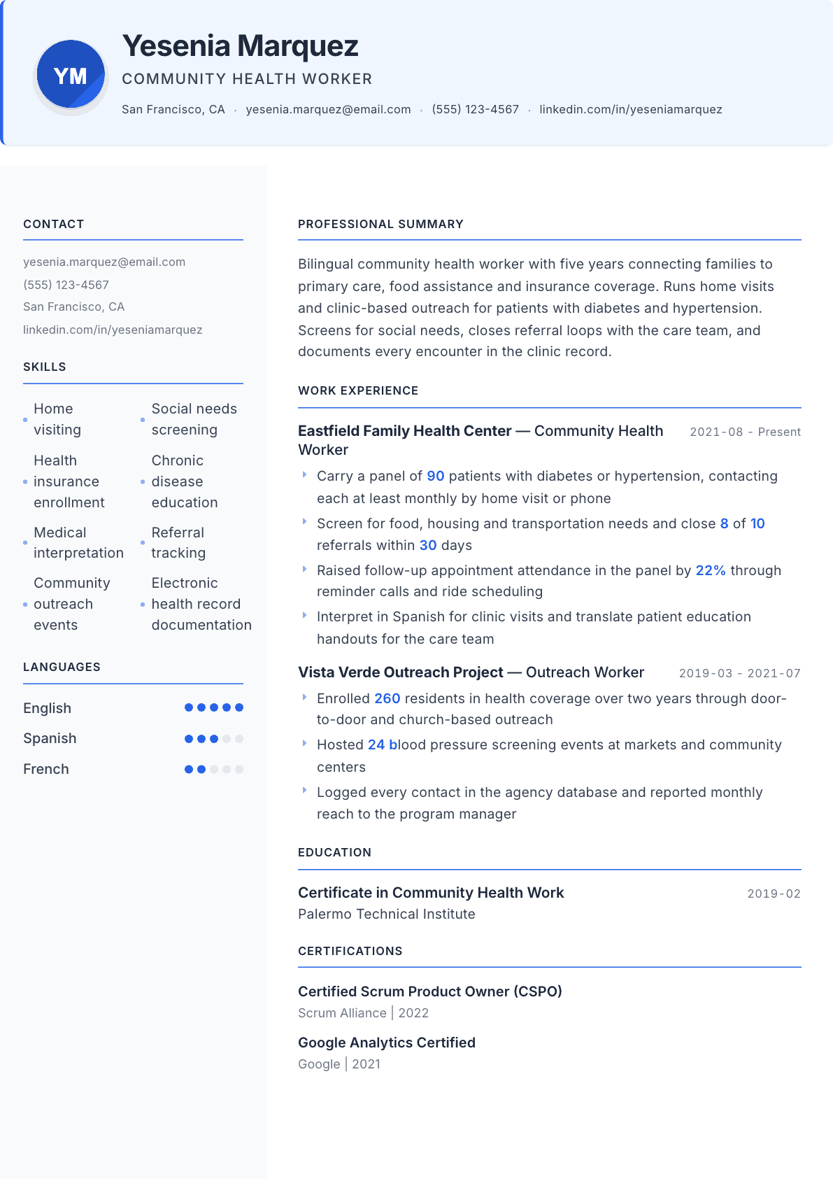 Community Health Worker resume example, Geneva template