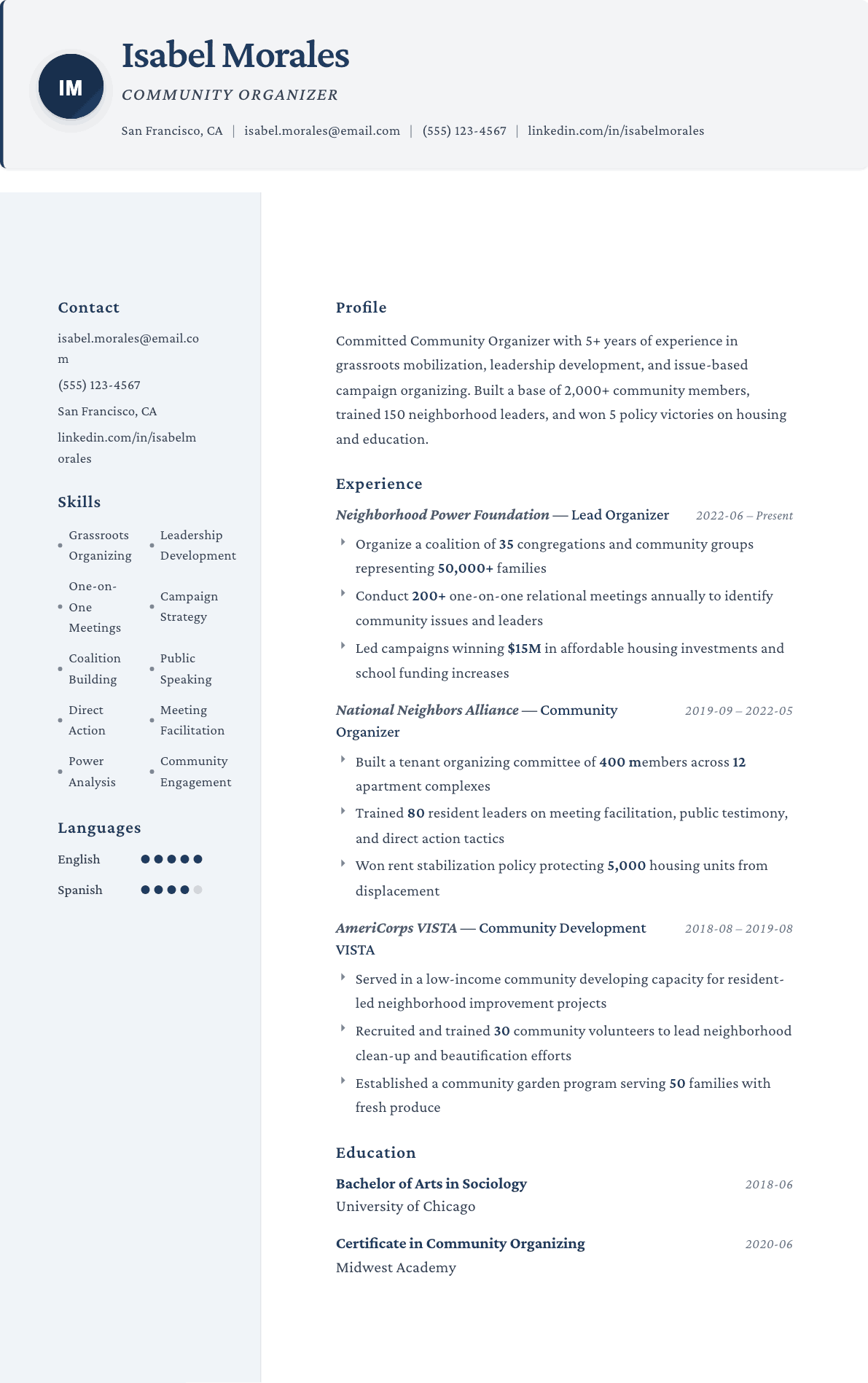 Community Organizer resume example, Formal template