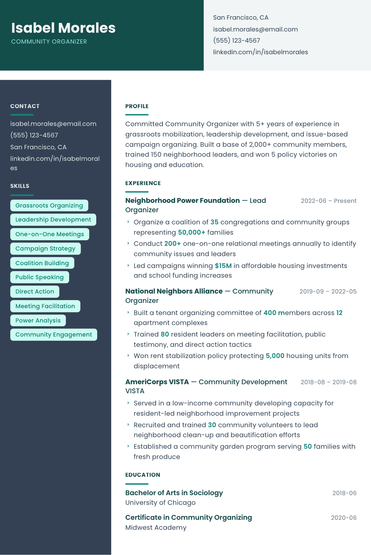 Community Organizer resume example, Spectrum template