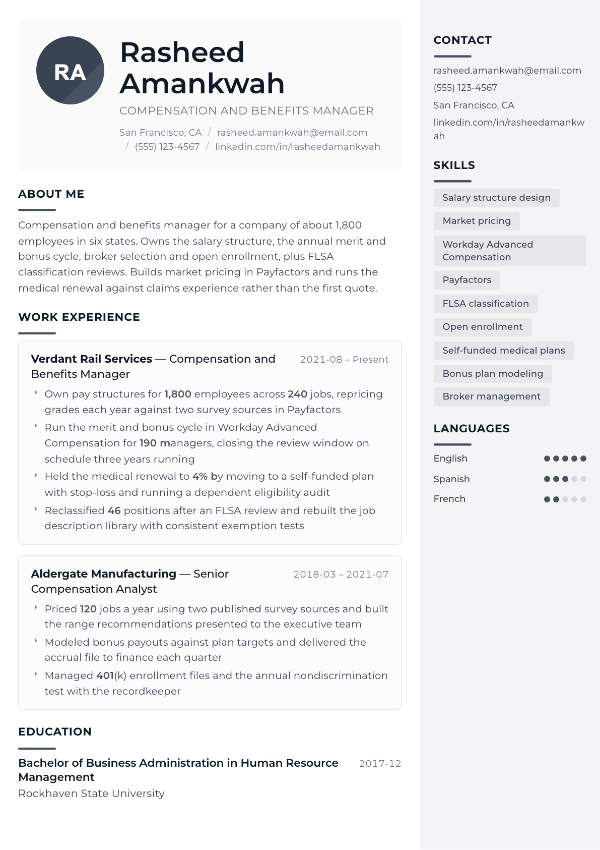 Compensation and Benefits Manager resume example, Metropolitan template