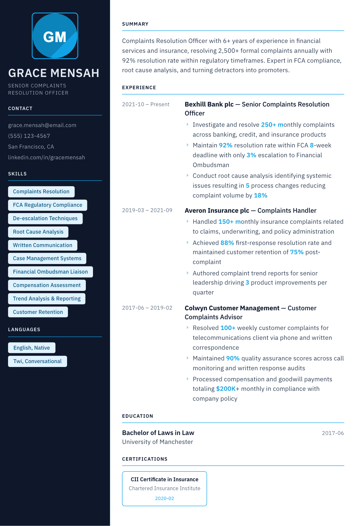 Complaints Resolution Officer resume example, Everest template