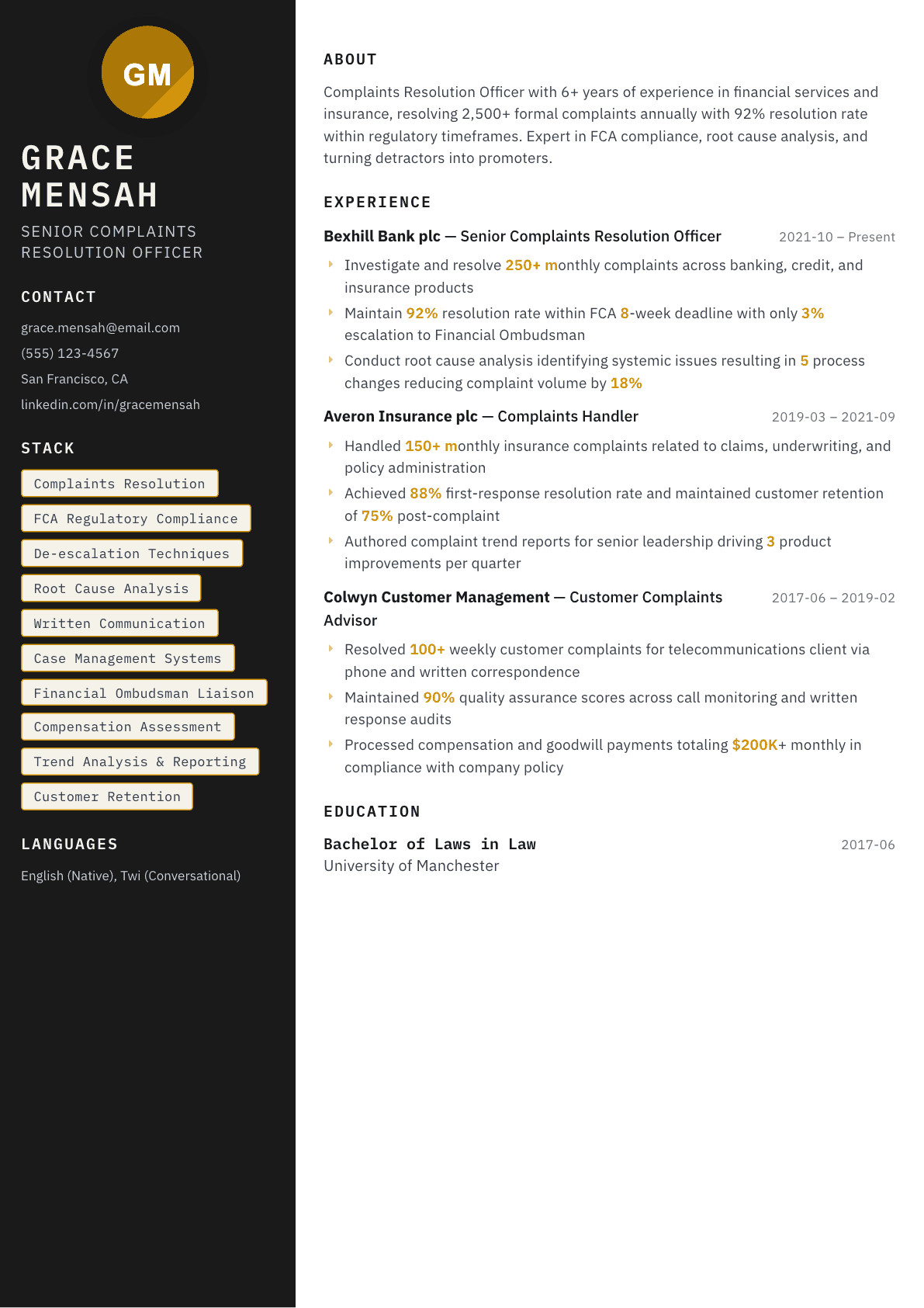 Complaints Resolution Officer resume example, Neon template