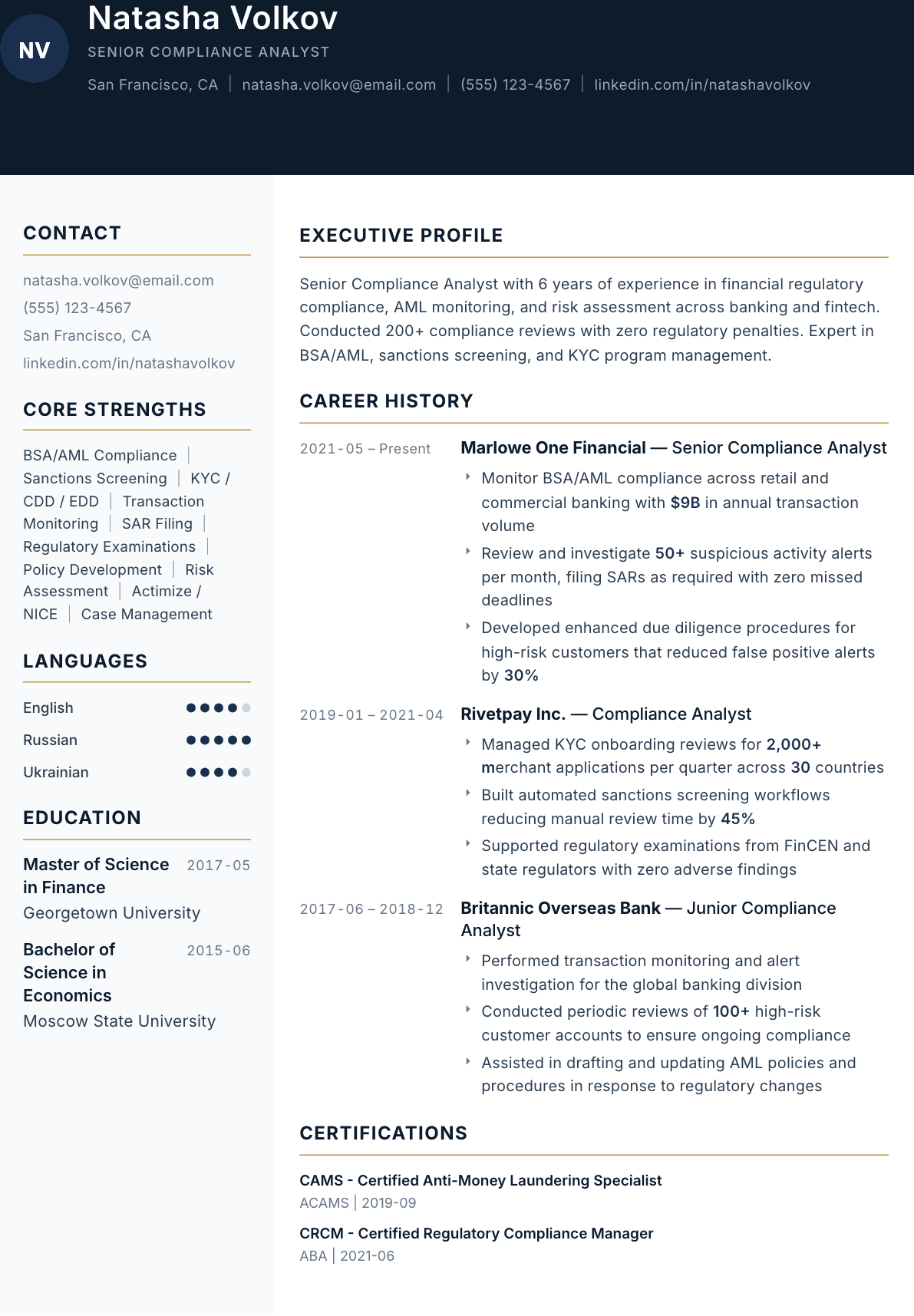 Compliance Analyst resume example, Consulate template