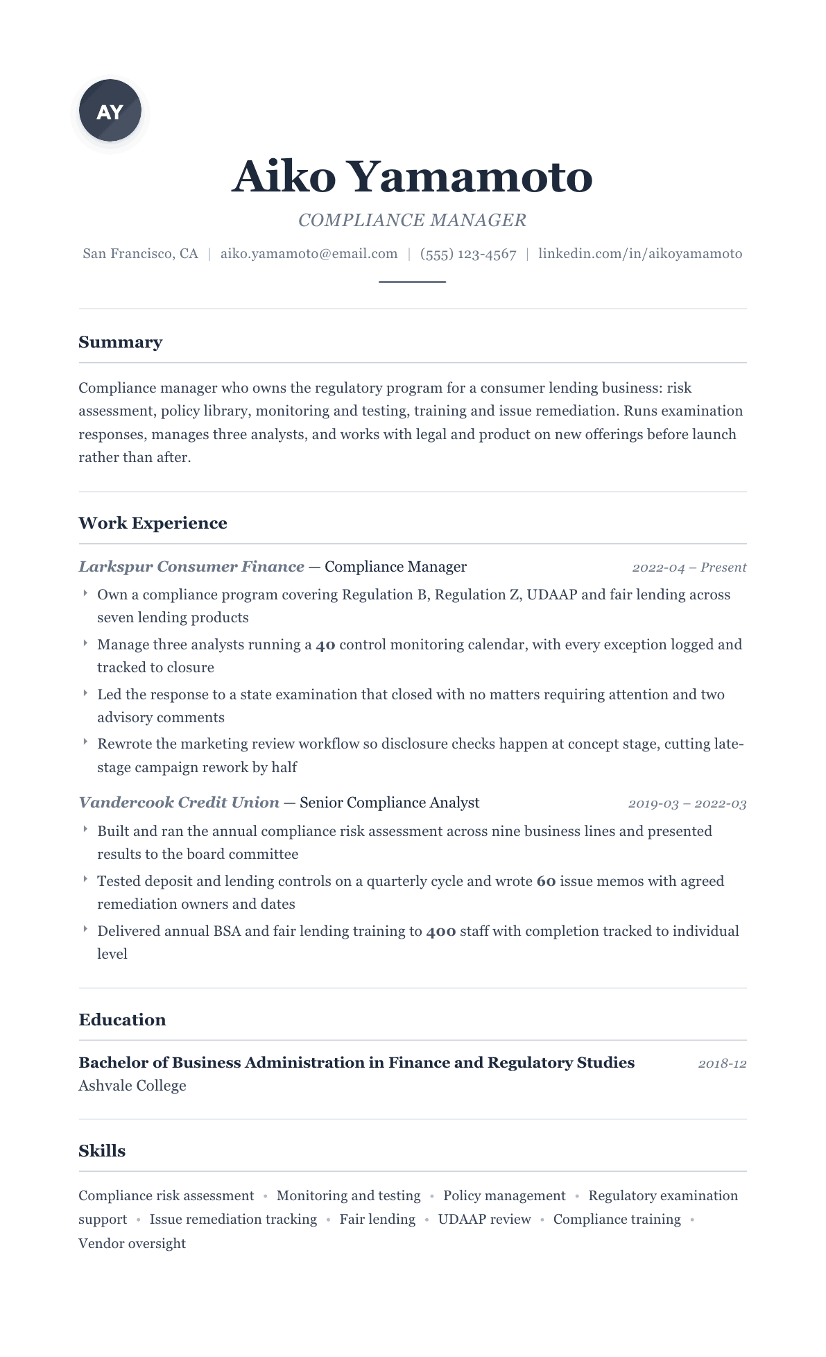 Compliance Manager resume example, Classic template