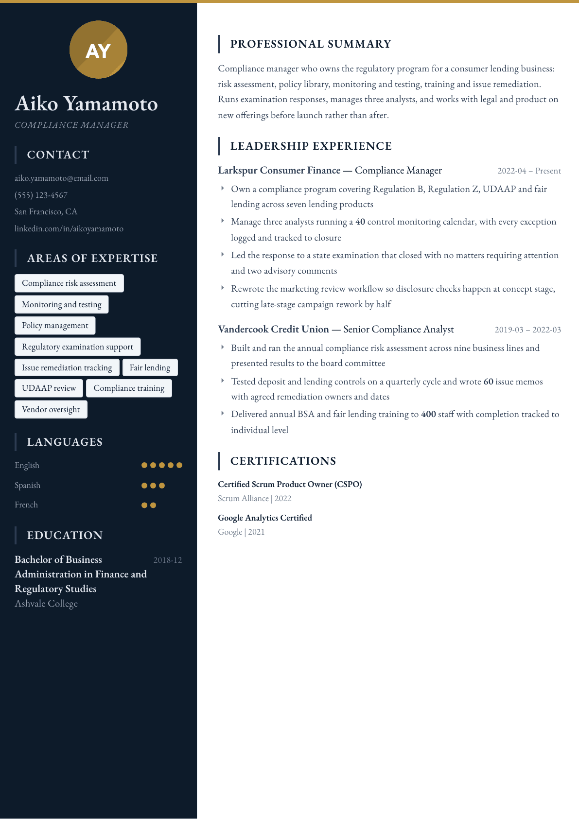 Compliance Manager resume example, Presidio template