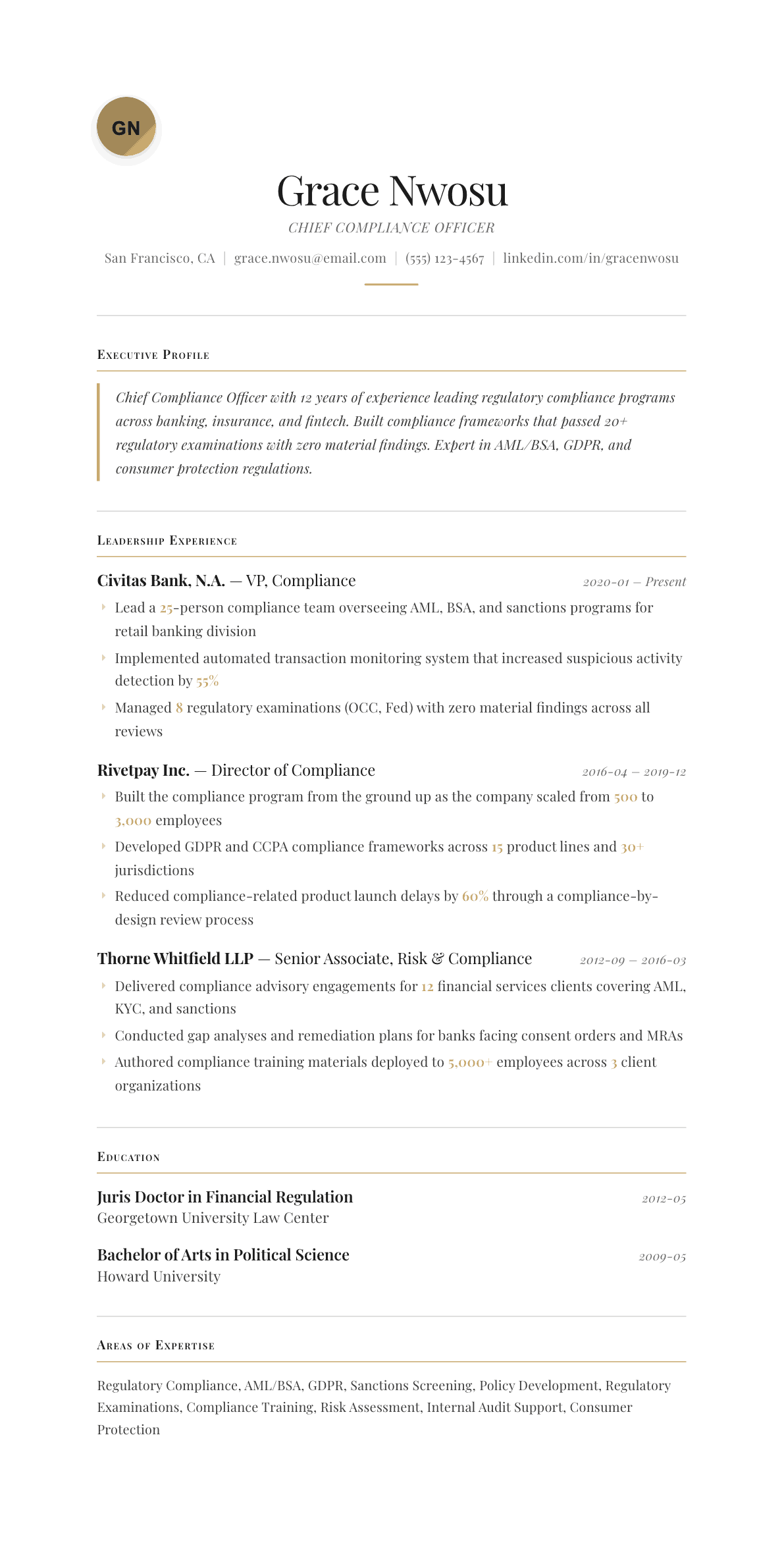 Compliance Officer resume example, Chancellor template