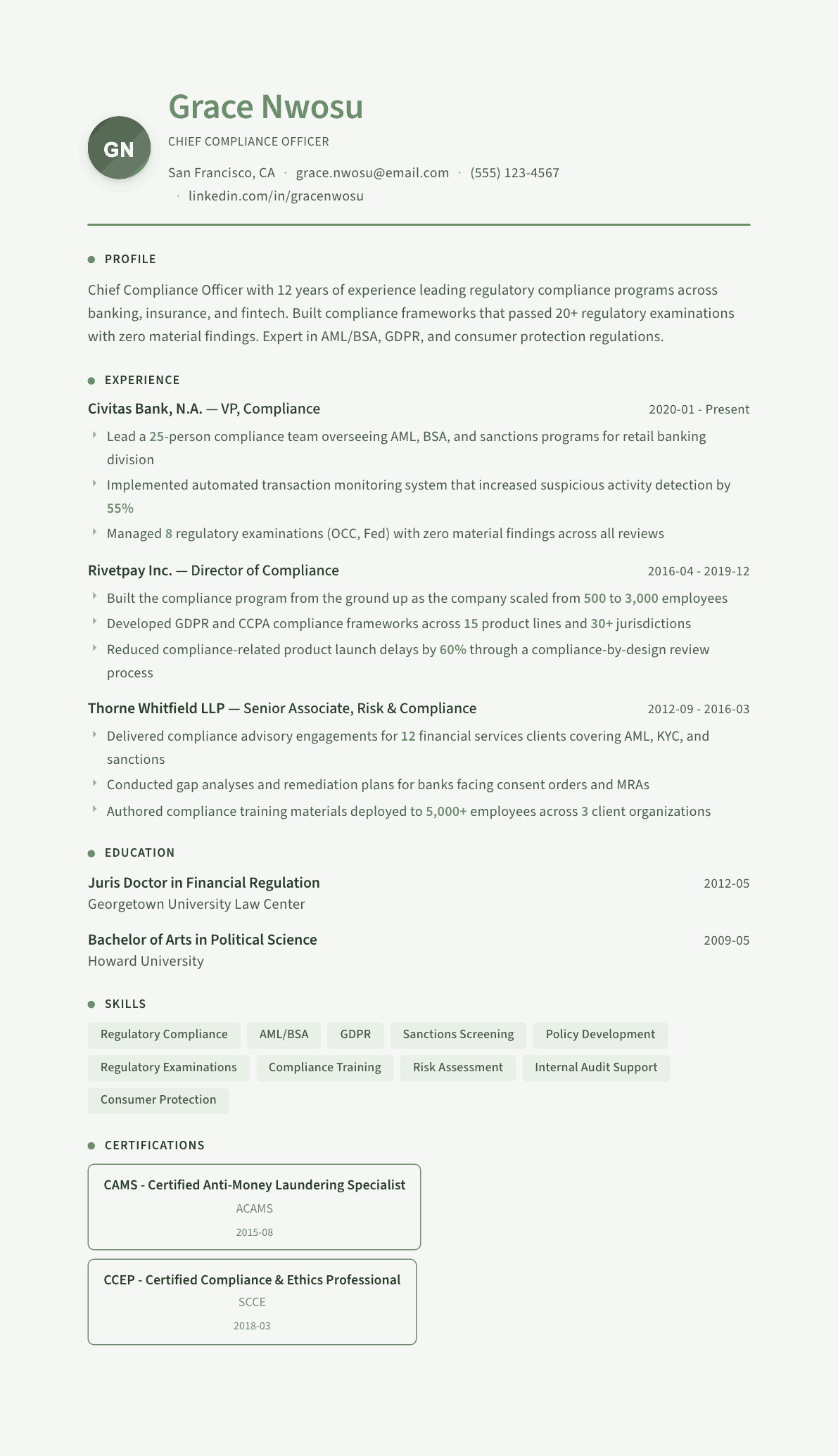Compliance Officer resume example, Sage Garden template