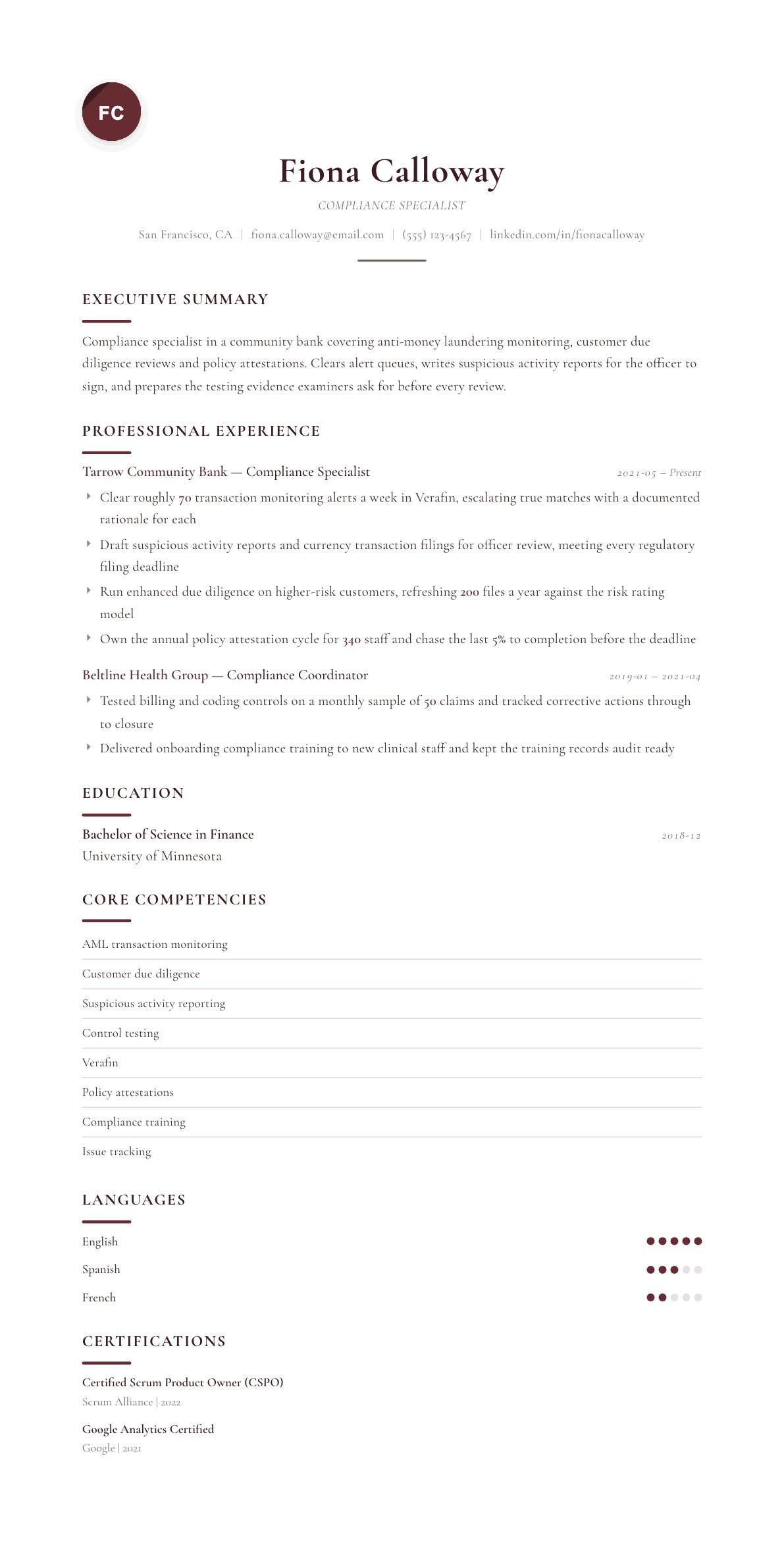 Compliance Specialist resume example, Diplomat template