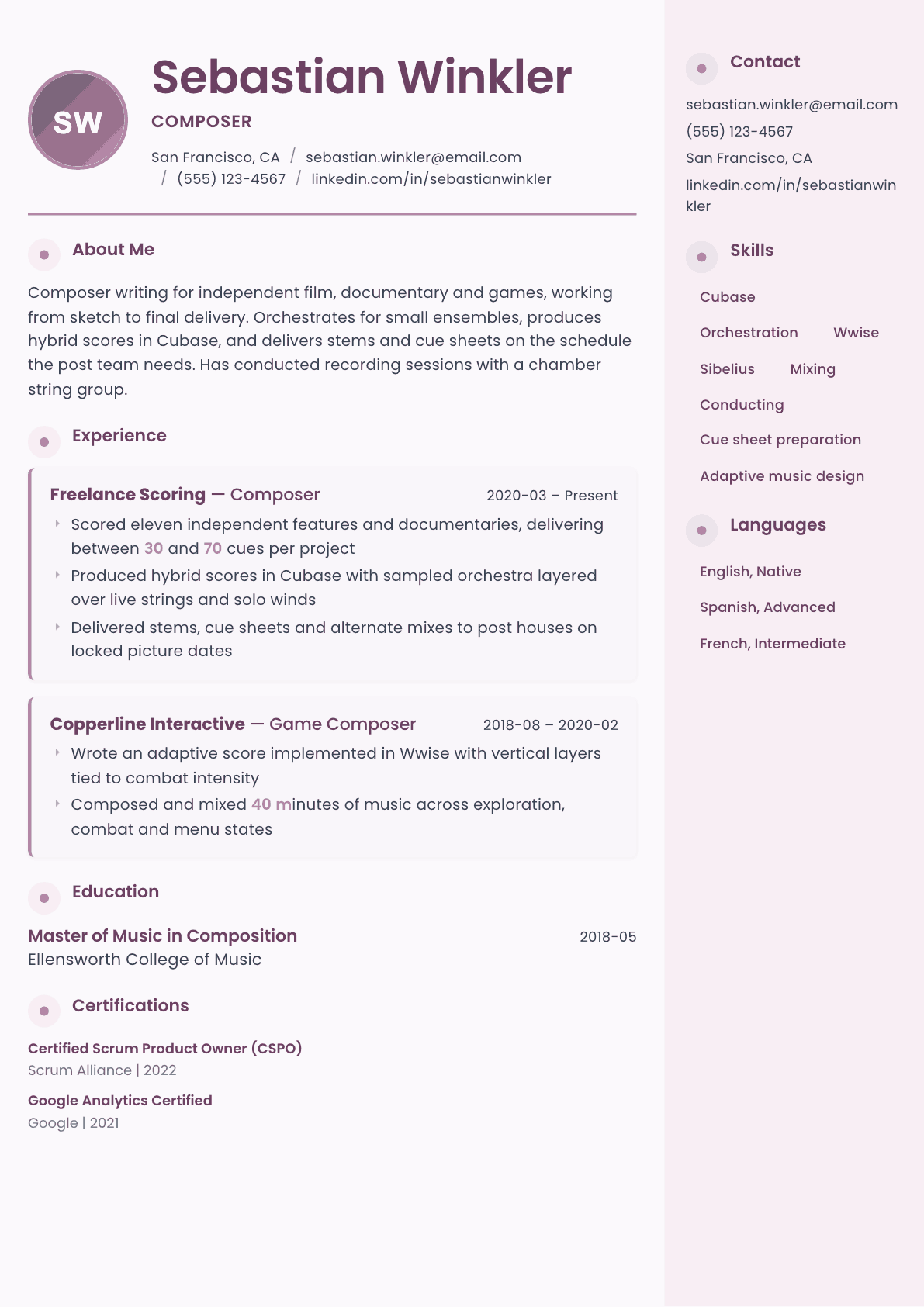 Composer resume example, Bloom template