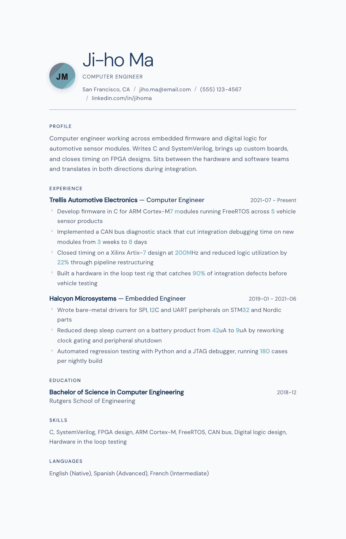 Computer Engineer resume example, Nordic Frost template