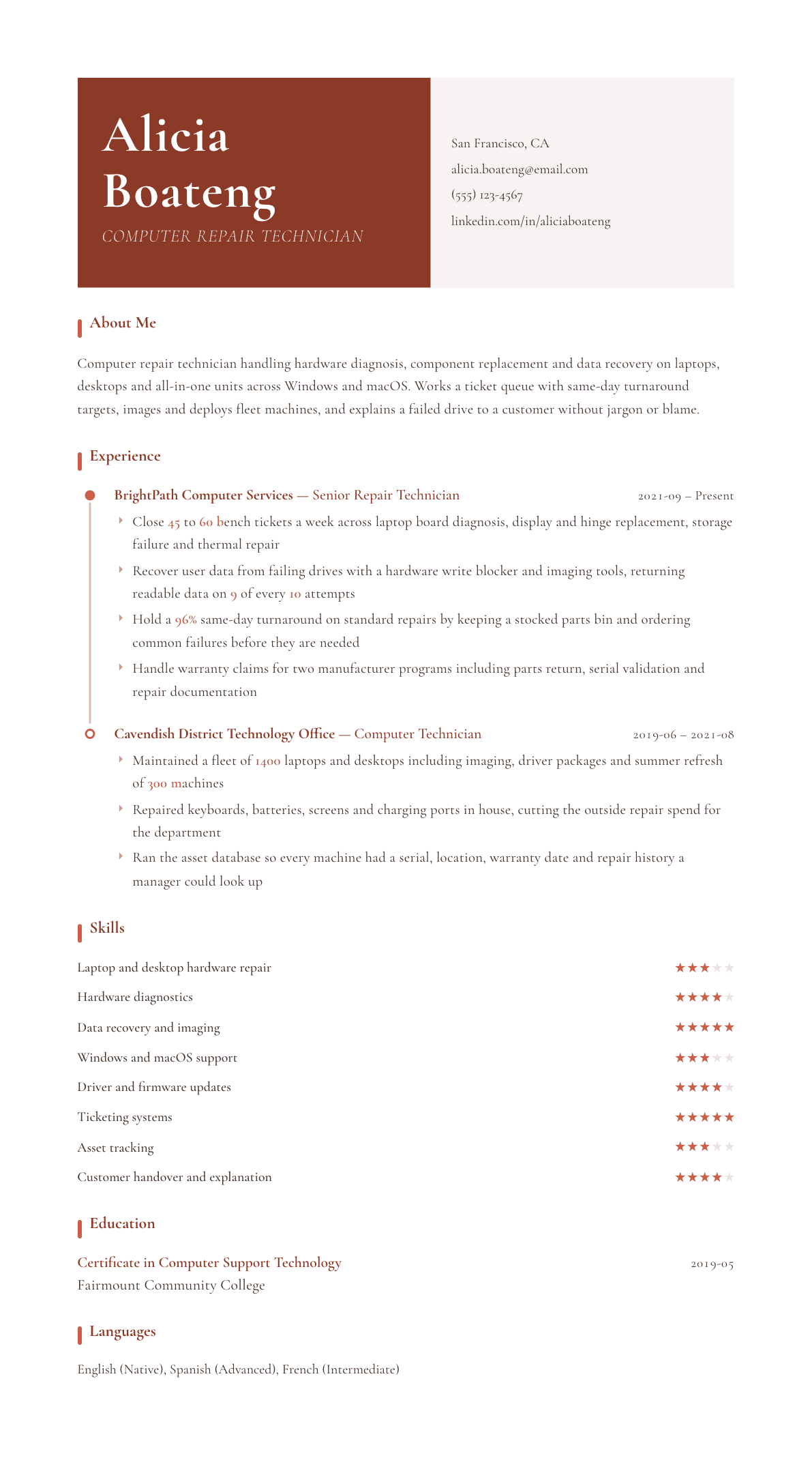 Computer Repair Technician resume example, Artisan template
