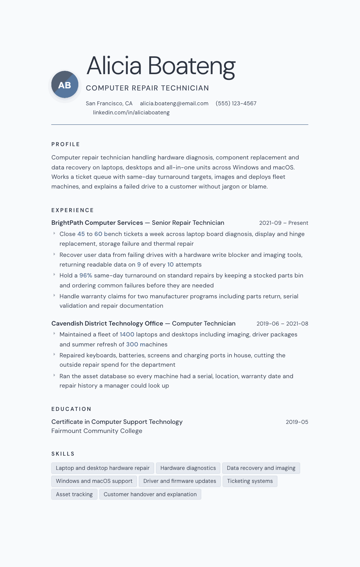 Computer Repair Technician resume example, Nordic template