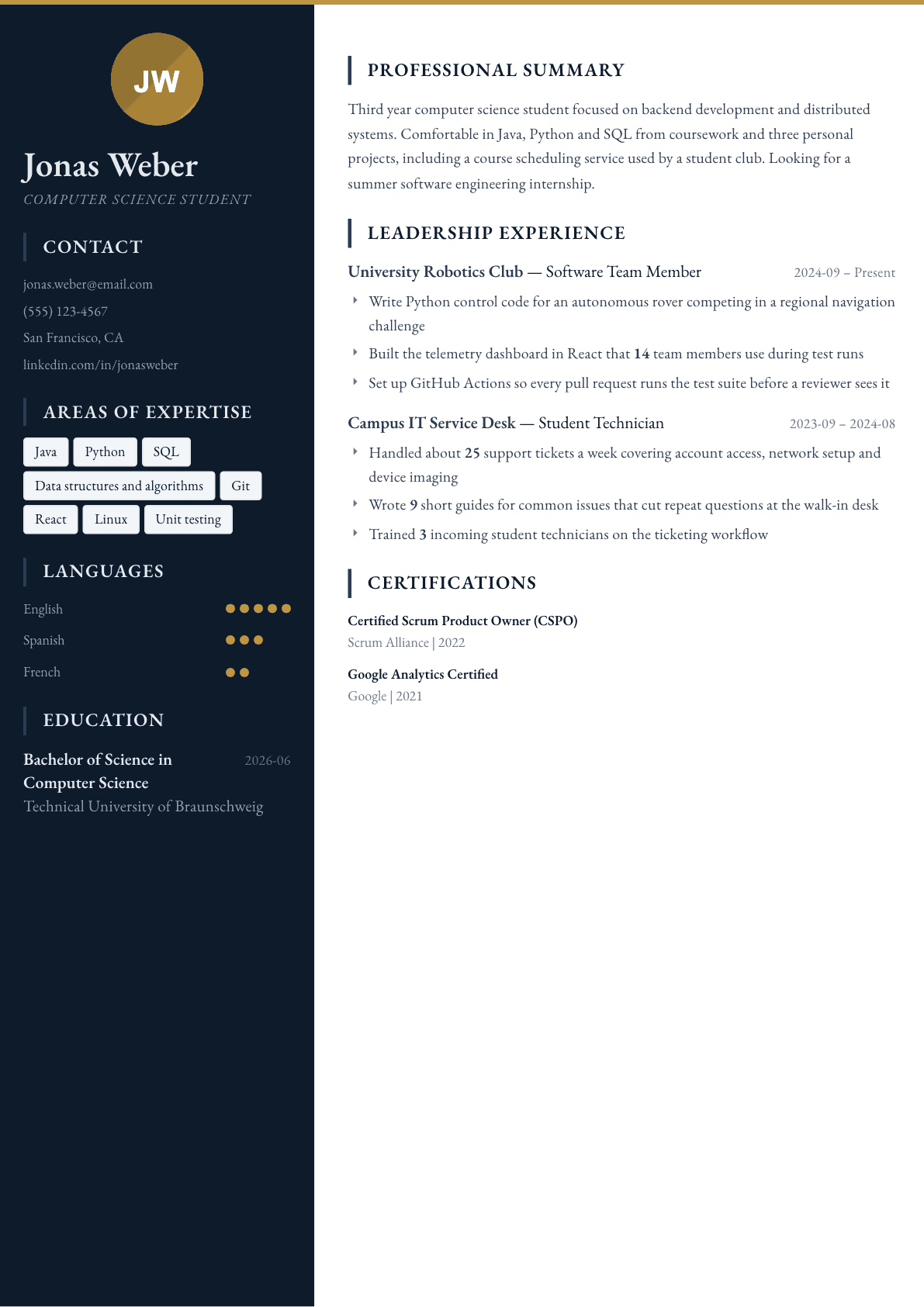 Computer Science Student resume example, Presidio template