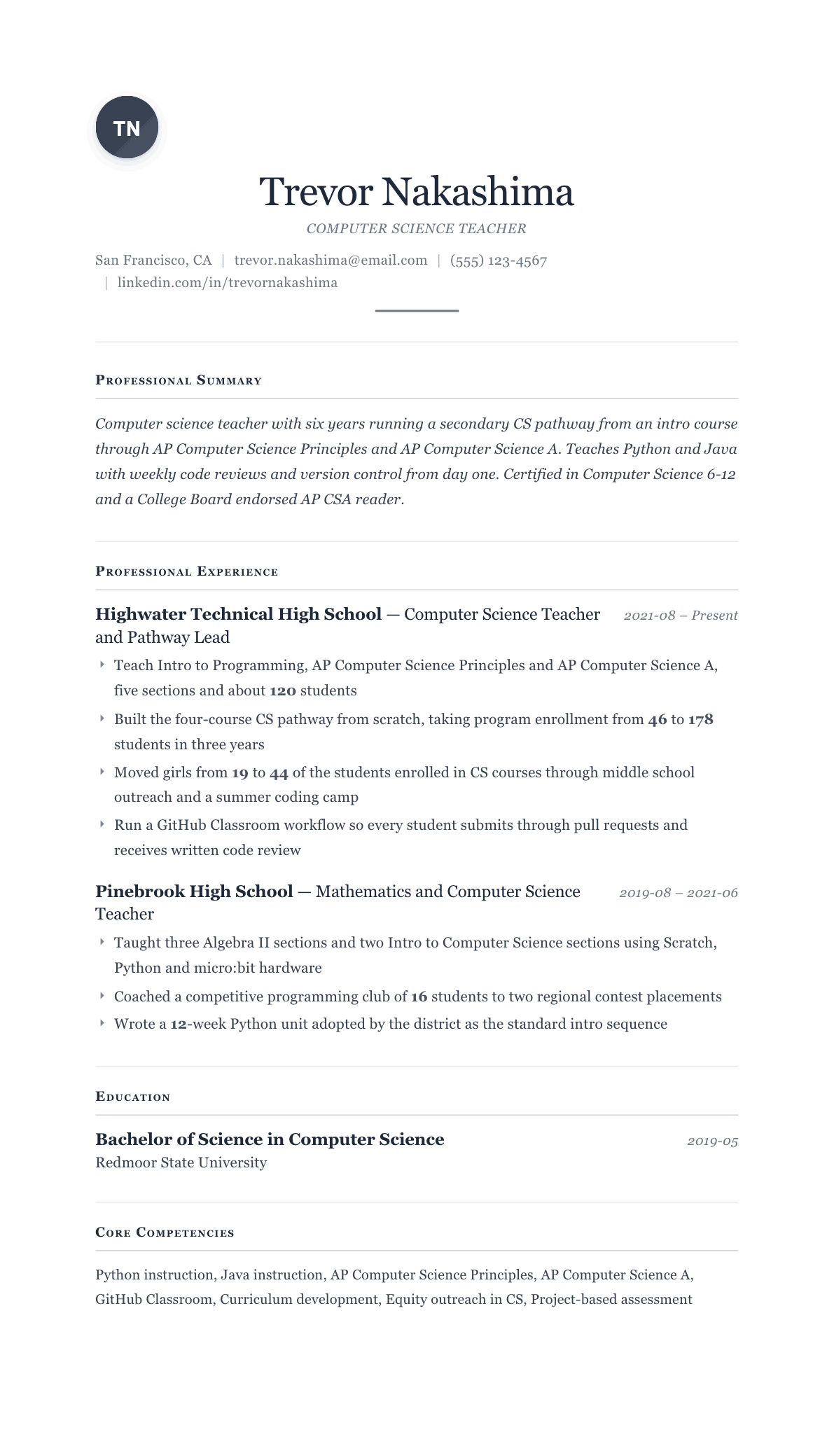 Computer Science Teacher resume example, Cornerstone template