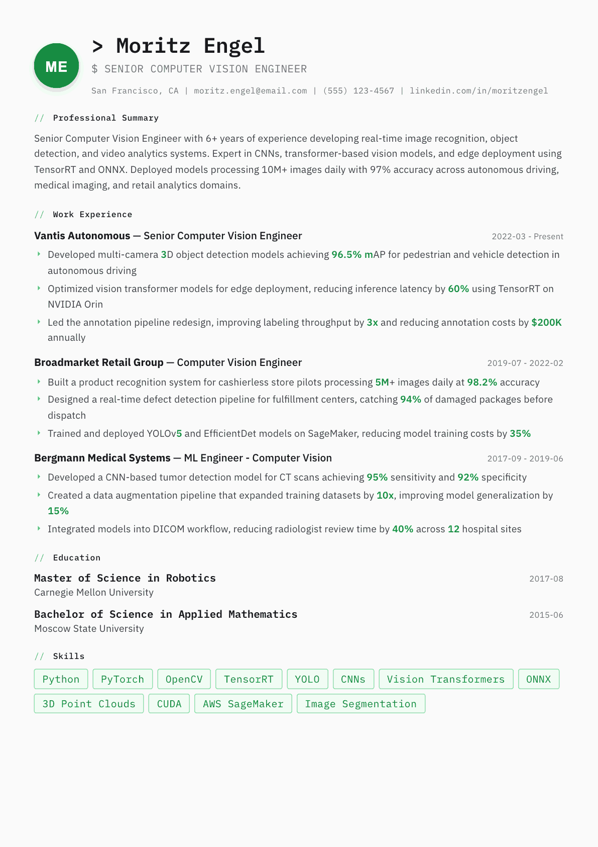 Computer Vision Engineer resume example, Amsterdam template