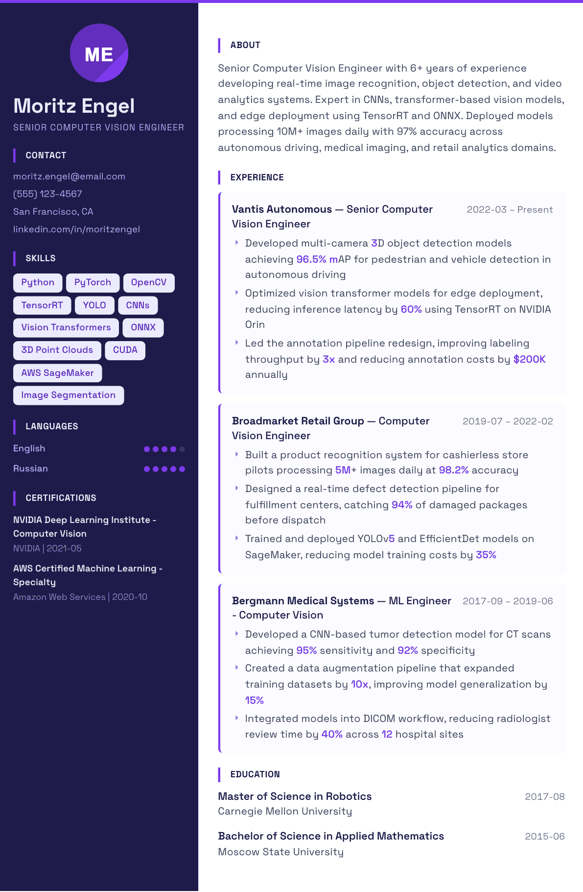 Computer Vision Engineer resume example, Solstice template
