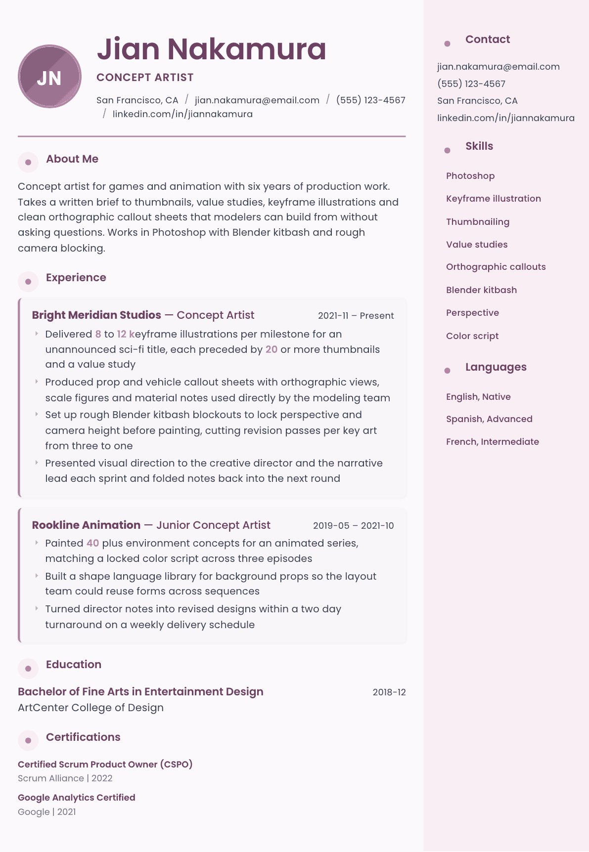 Concept Artist resume example, Bloom template