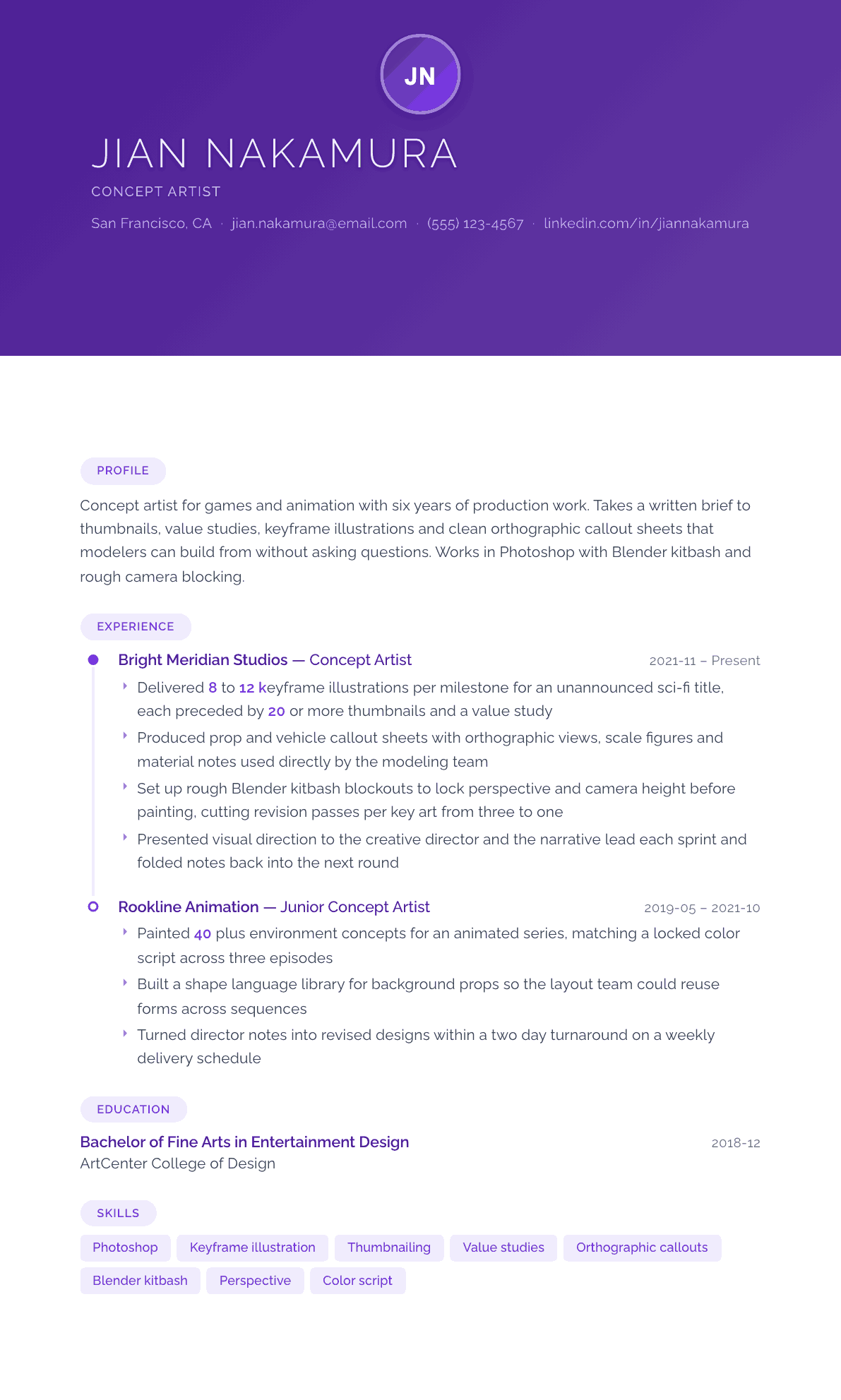 Concept Artist resume example, Canvas template