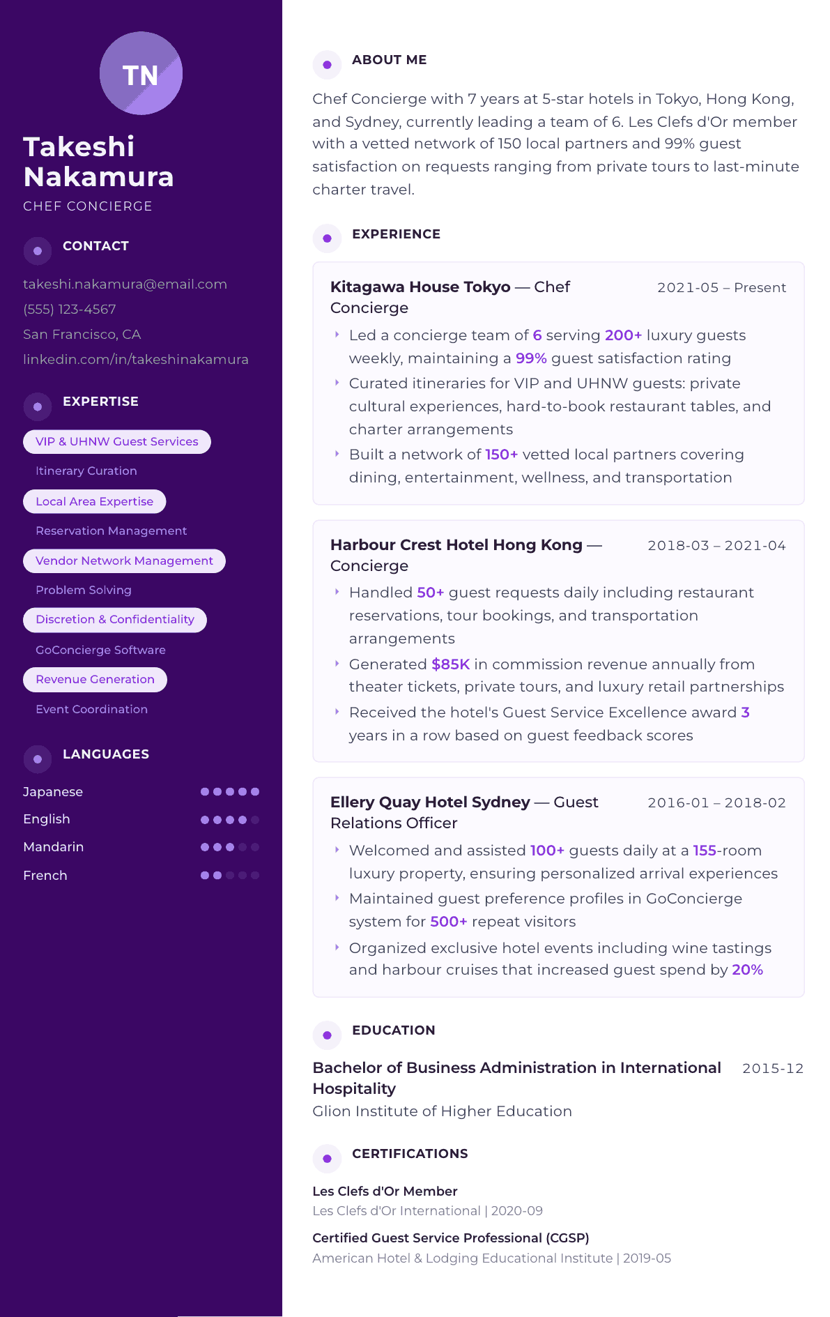 Concierge resume example, Palette template