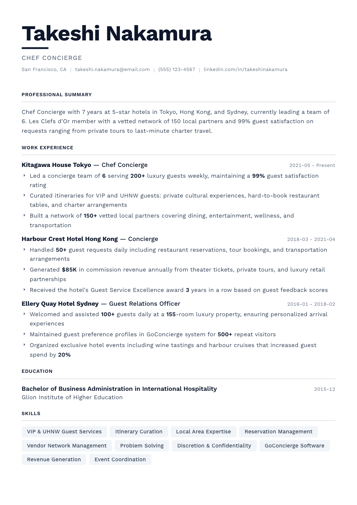 Concierge resume example, Berlin template