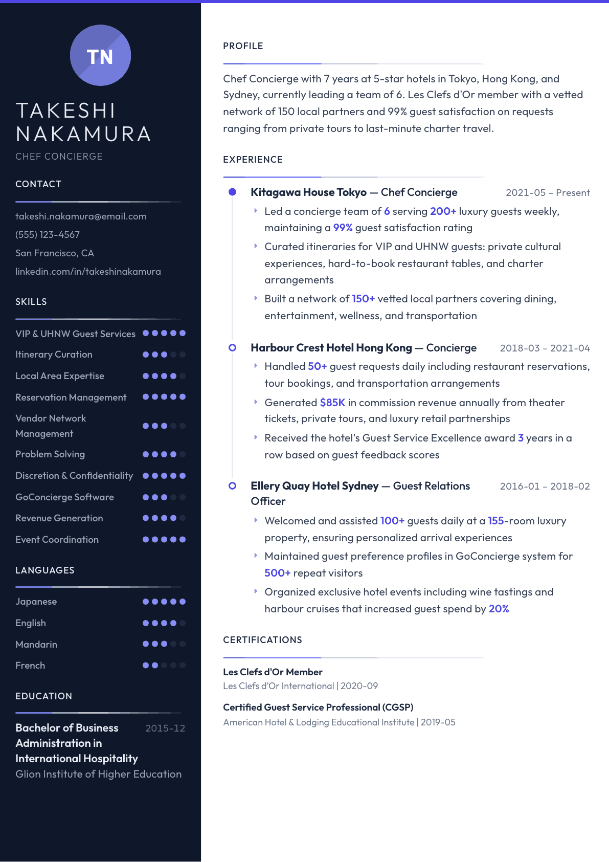 Concierge resume example, Zenith template