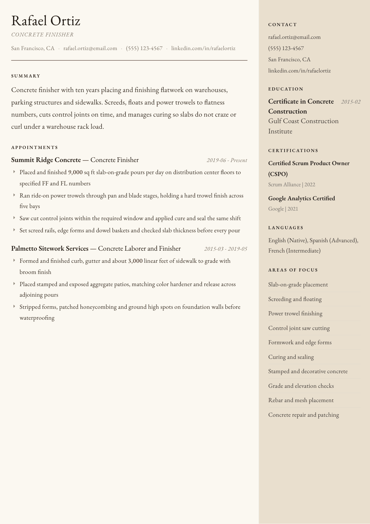Concrete Finisher resume example, Manuscript template