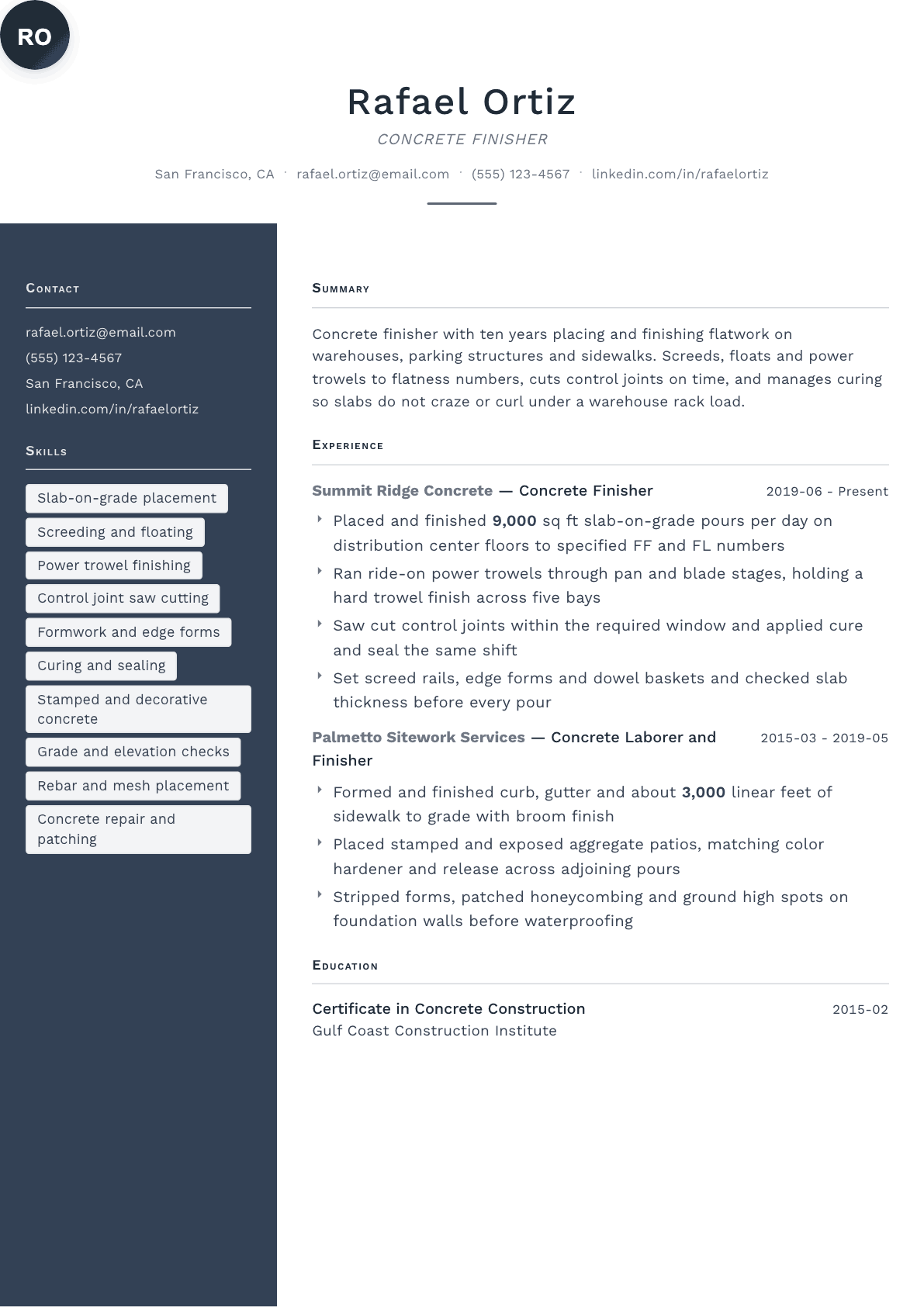 Concrete Finisher resume example, Fold template