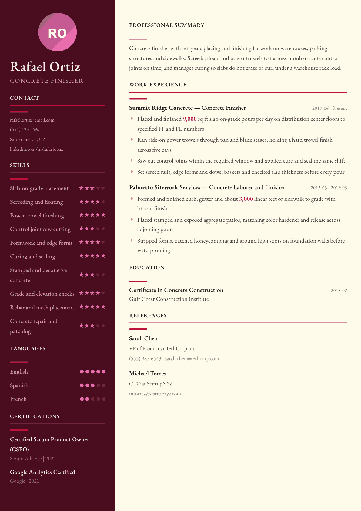 Concrete Finisher resume example, Dubai template