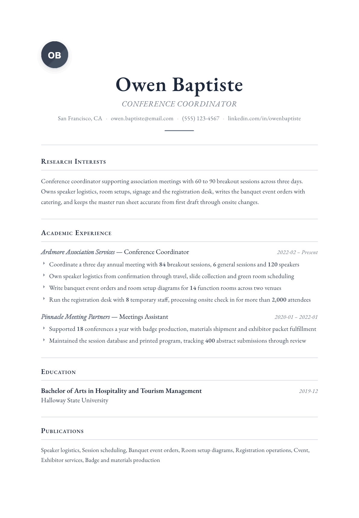 Conference Coordinator resume example, Scholar template