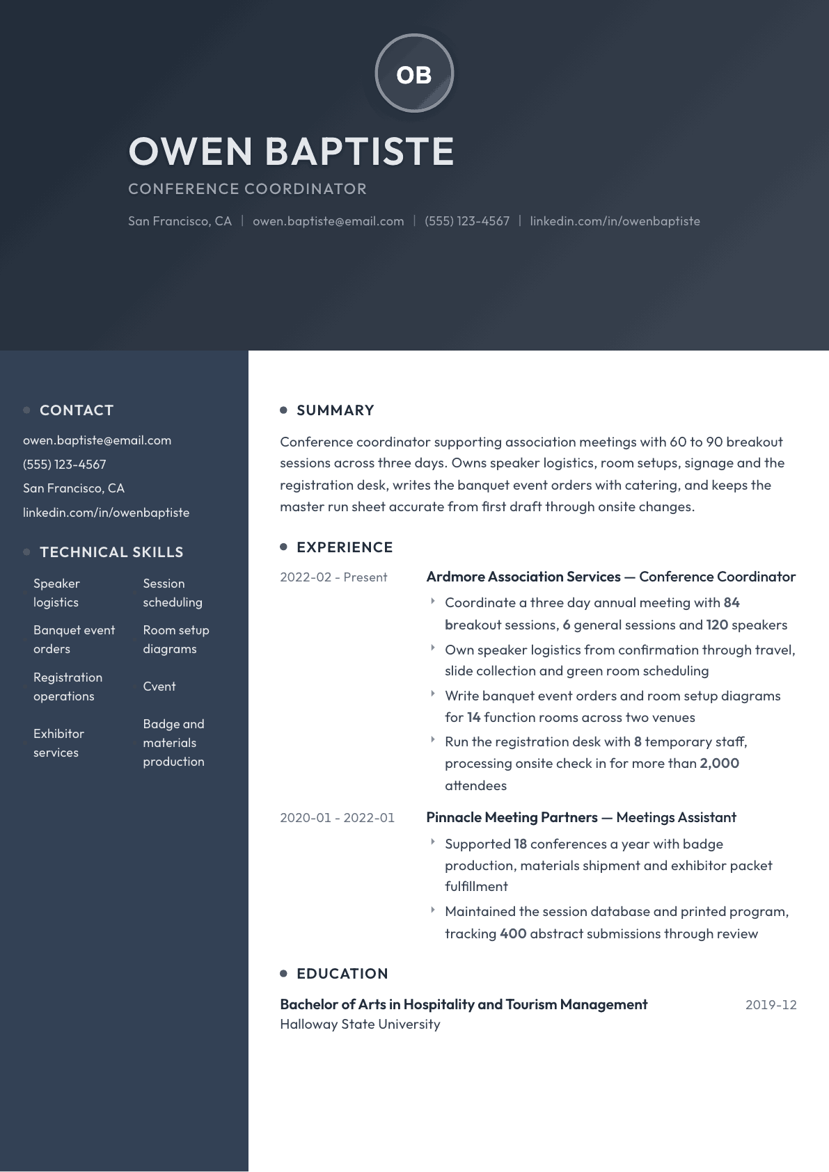 Conference Coordinator resume example, Binary template