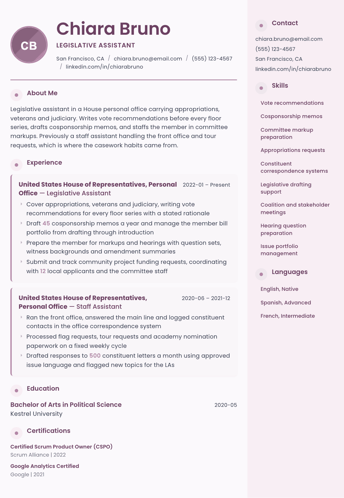 Congressional Staffer resume example, Bloom template