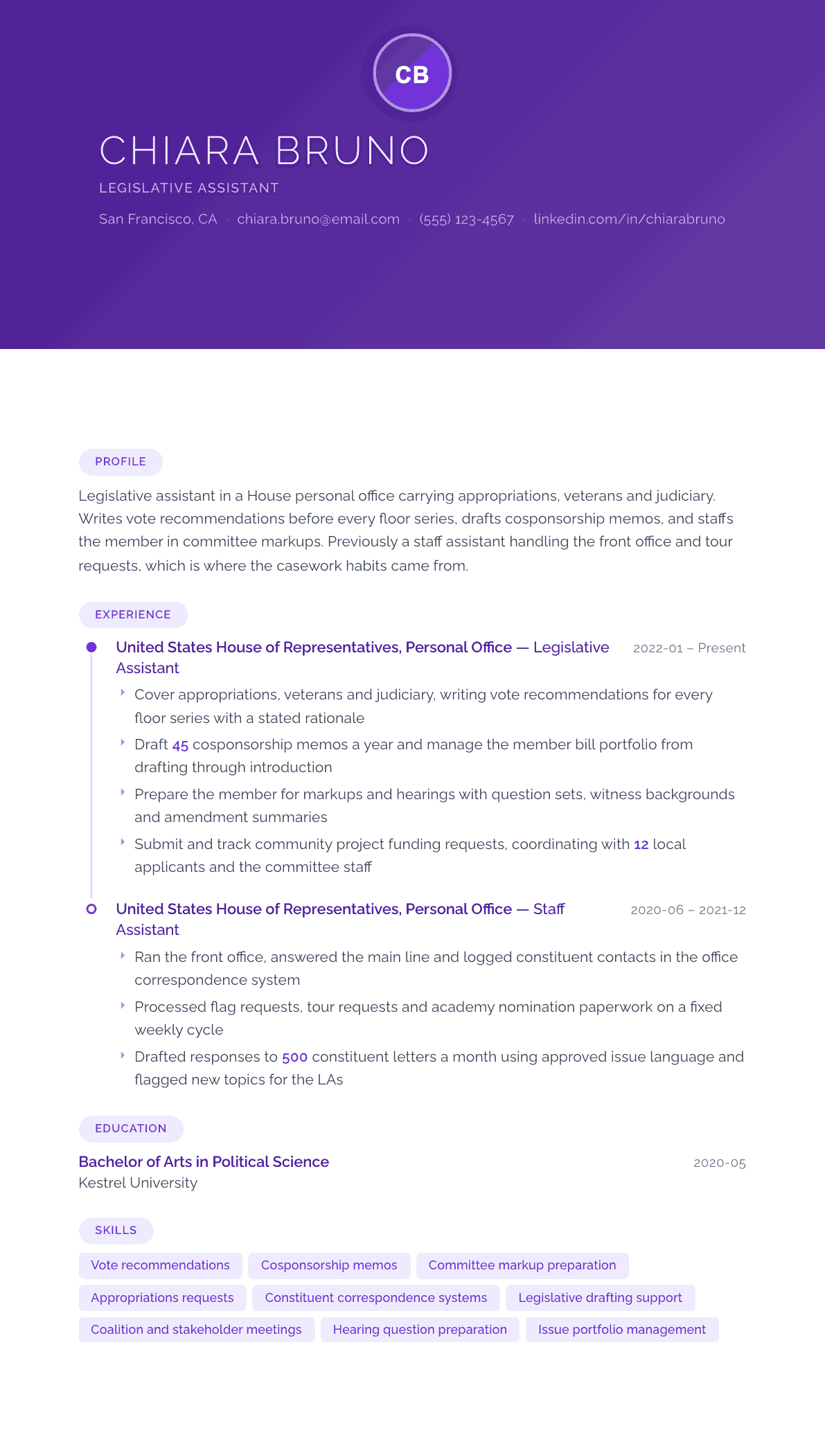 Congressional Staffer resume example, Canvas template