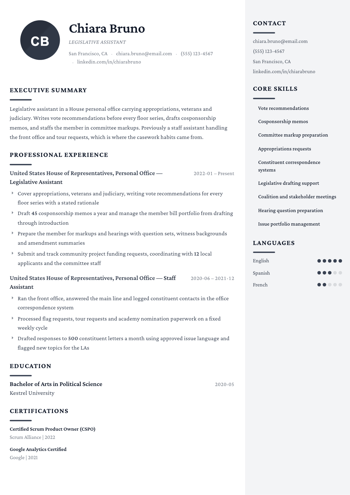 Congressional Staffer resume example, Monarch template