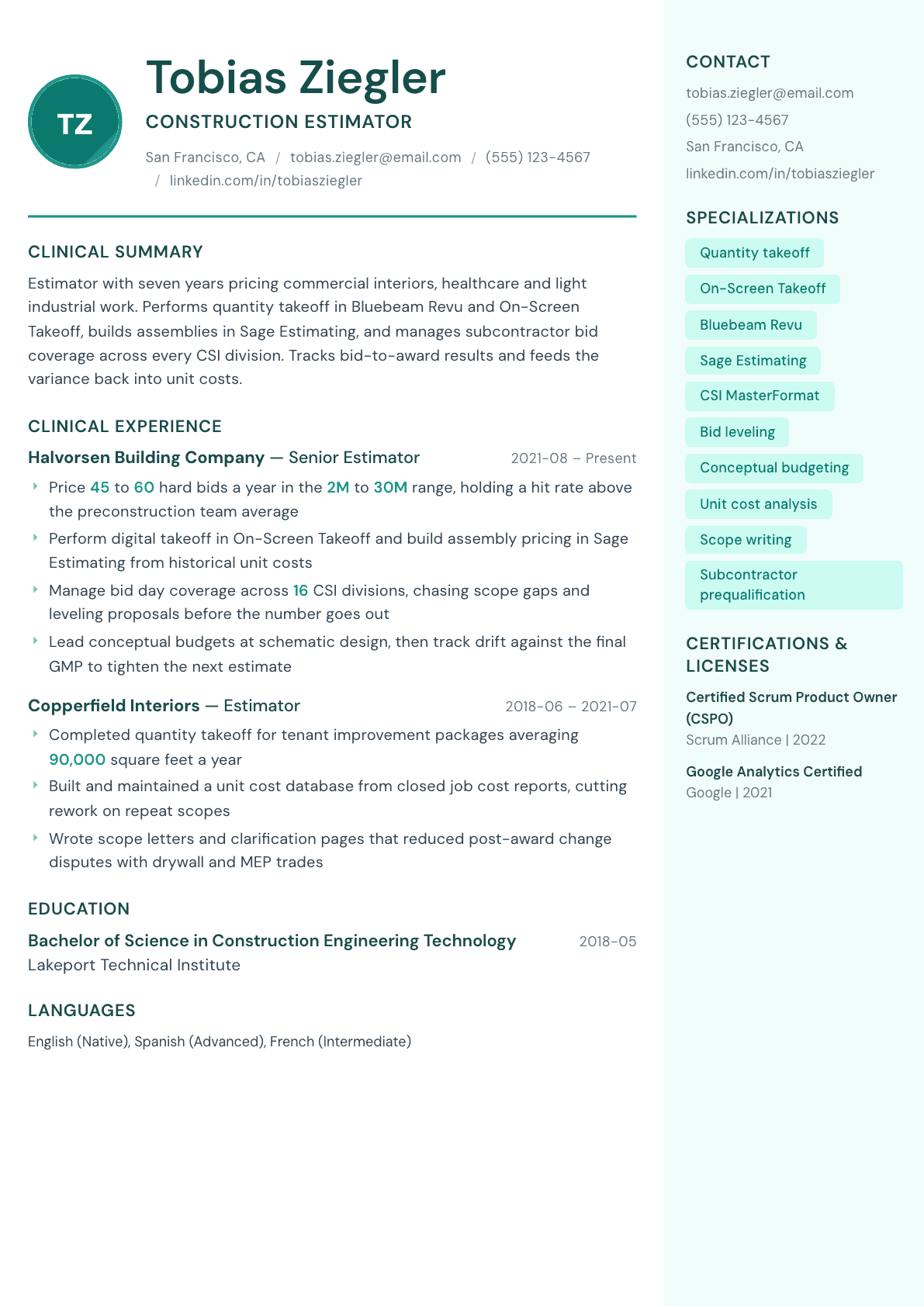 Construction Estimator resume example, Remedy template