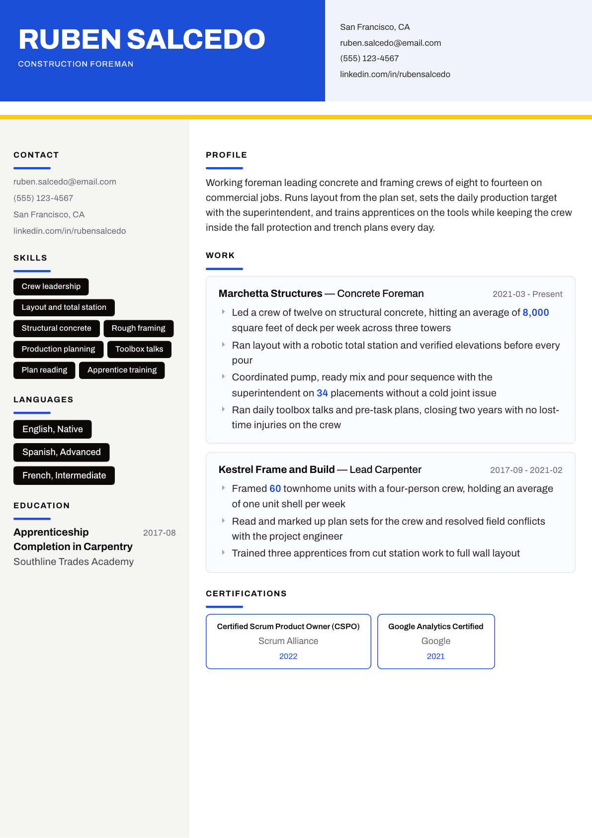 Construction Foreman resume example, Kontrast template