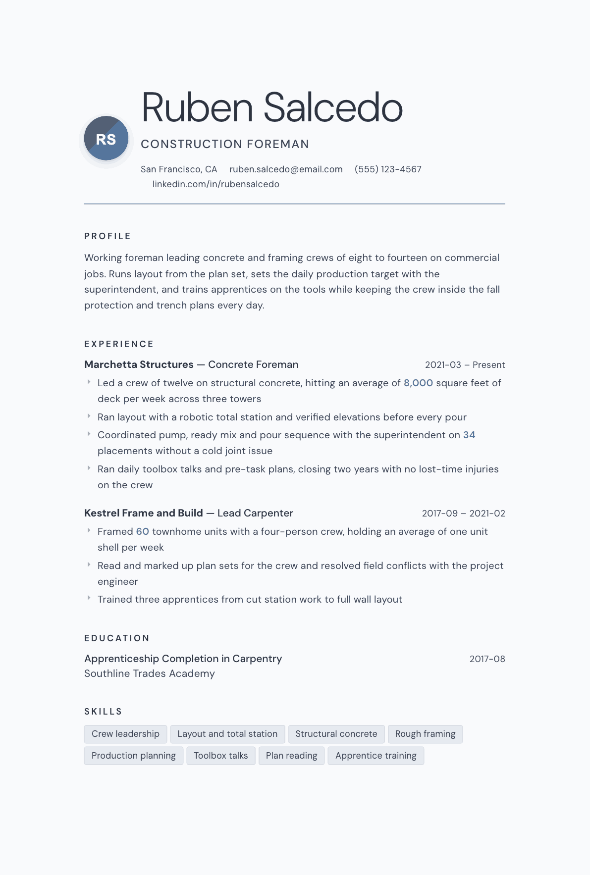 Construction Foreman resume example, Nordic template