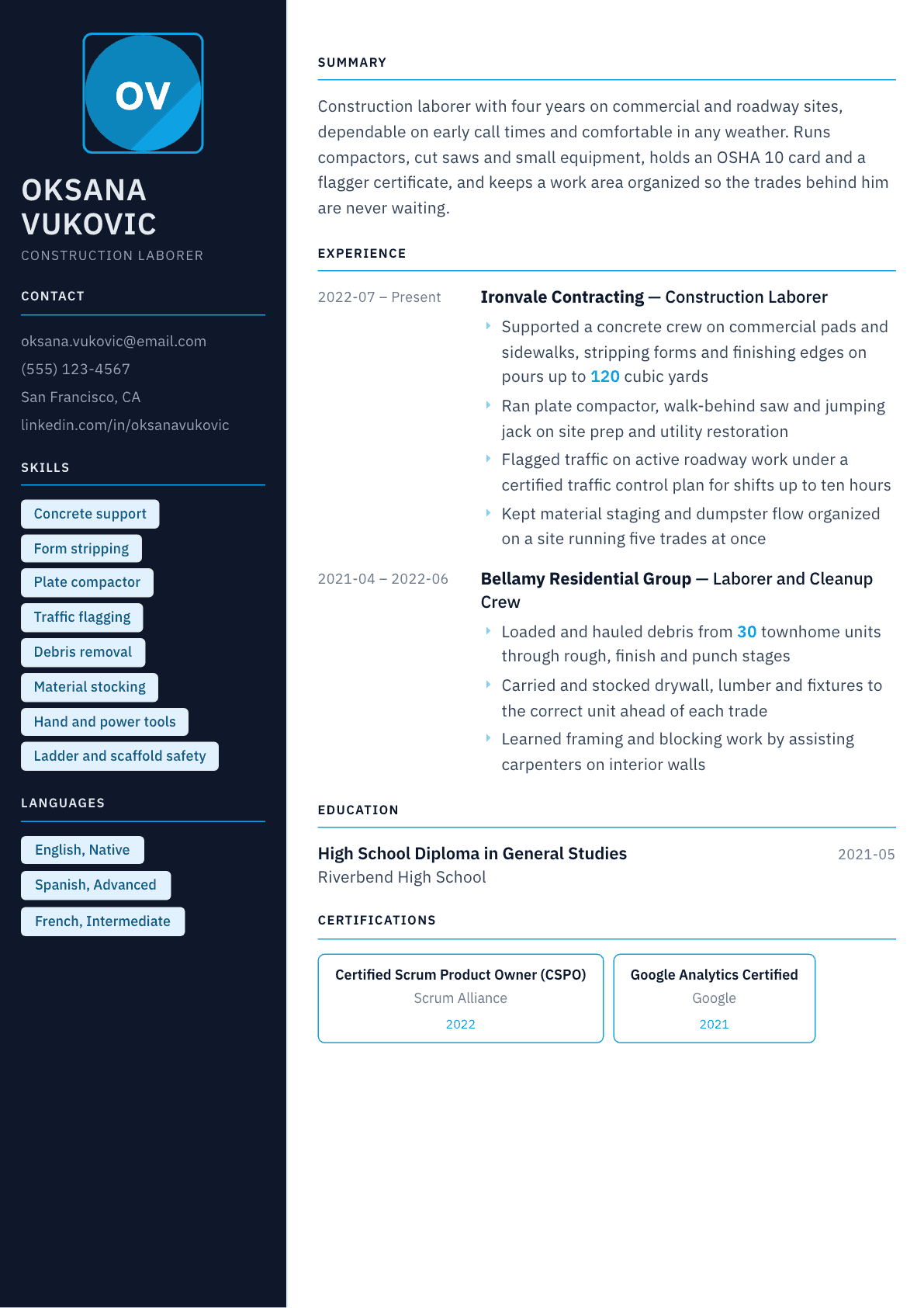 Construction Laborer resume example, Everest template