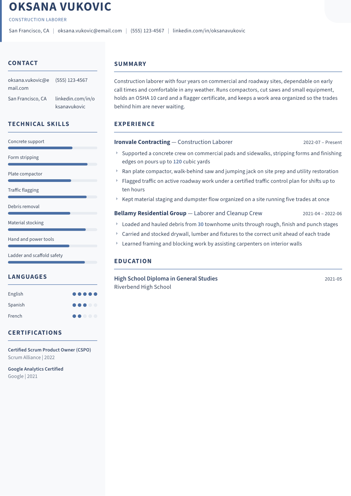 Construction Laborer resume example, Summit template