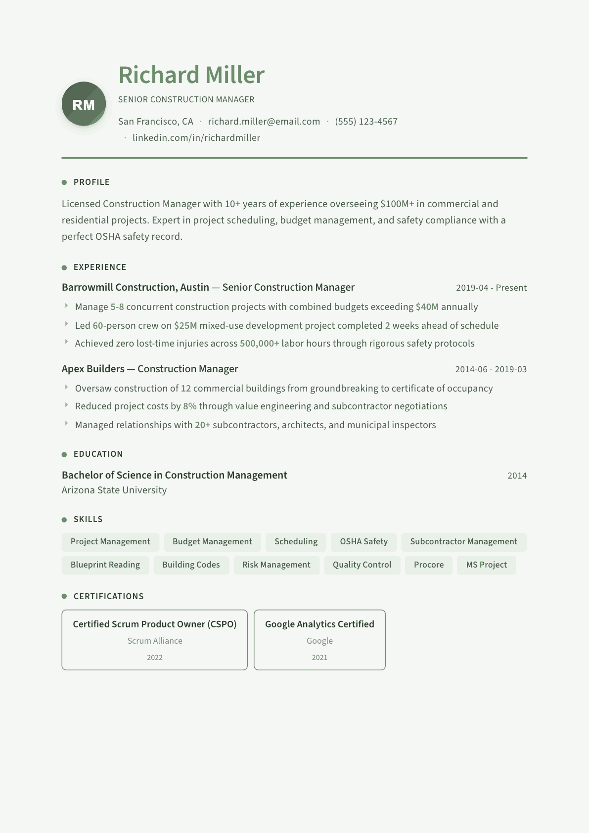 Construction Manager resume example, Sage Garden template
