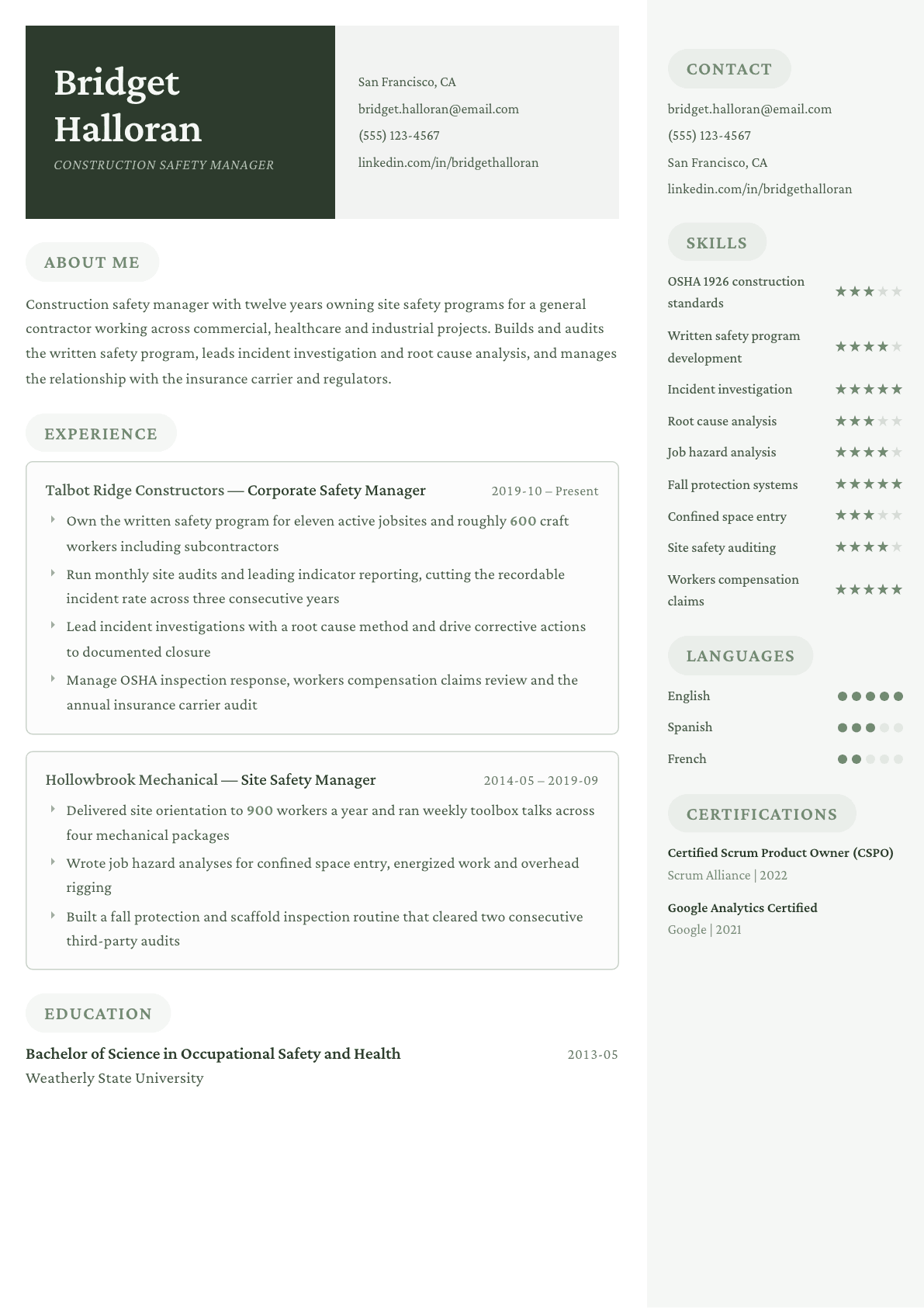 Construction Safety Manager resume example, Mayfair template