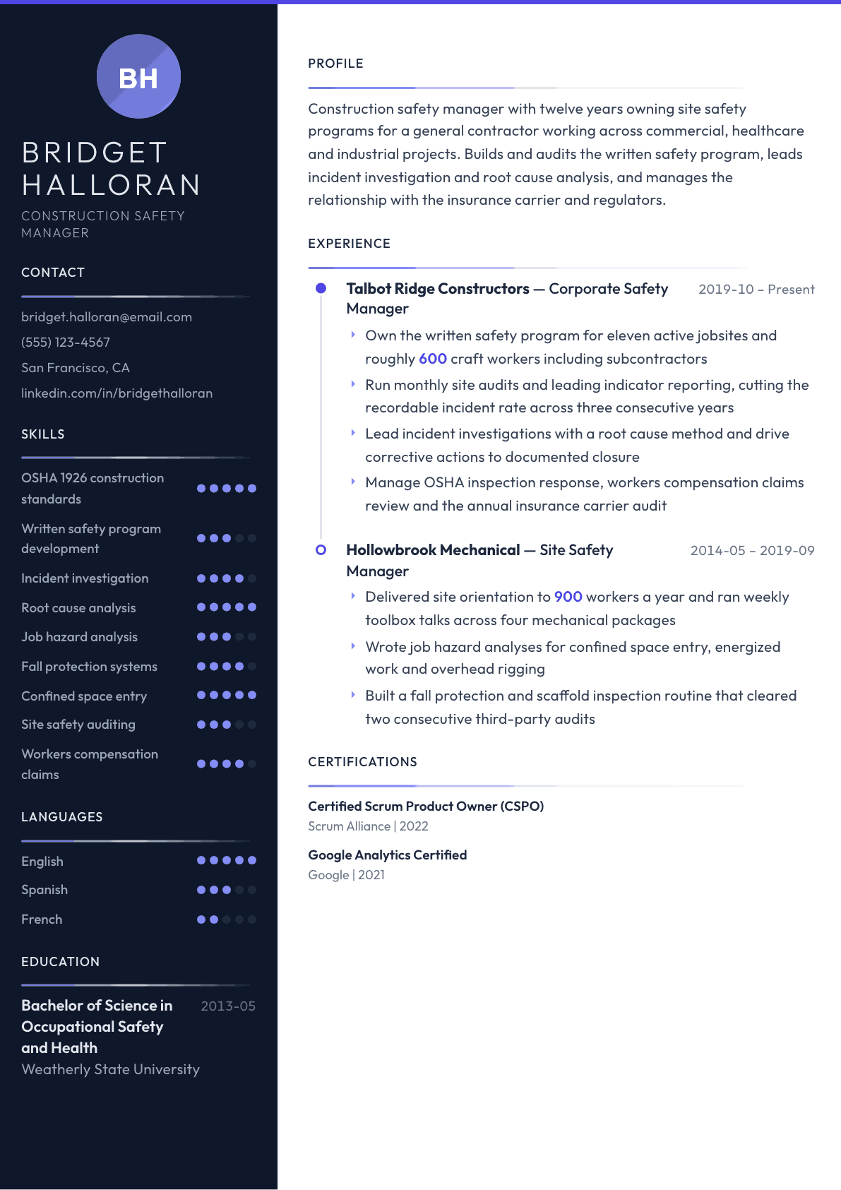 Construction Safety Manager resume example, Zenith template
