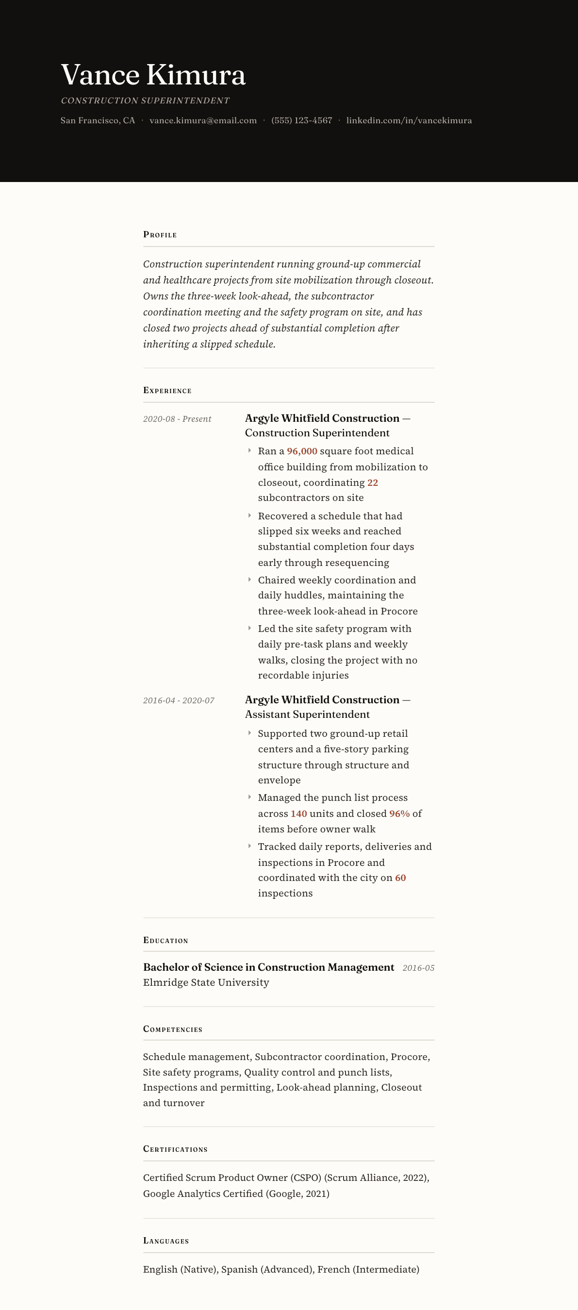 Construction Superintendent resume example, Broadsheet template