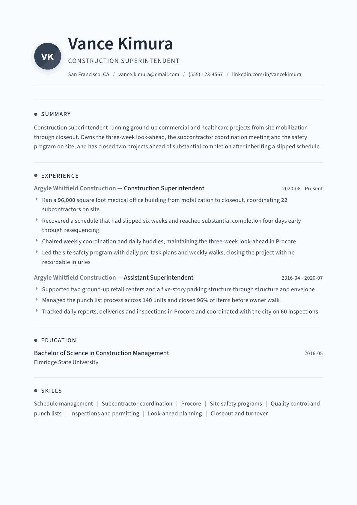 Construction Superintendent resume example, Thread template