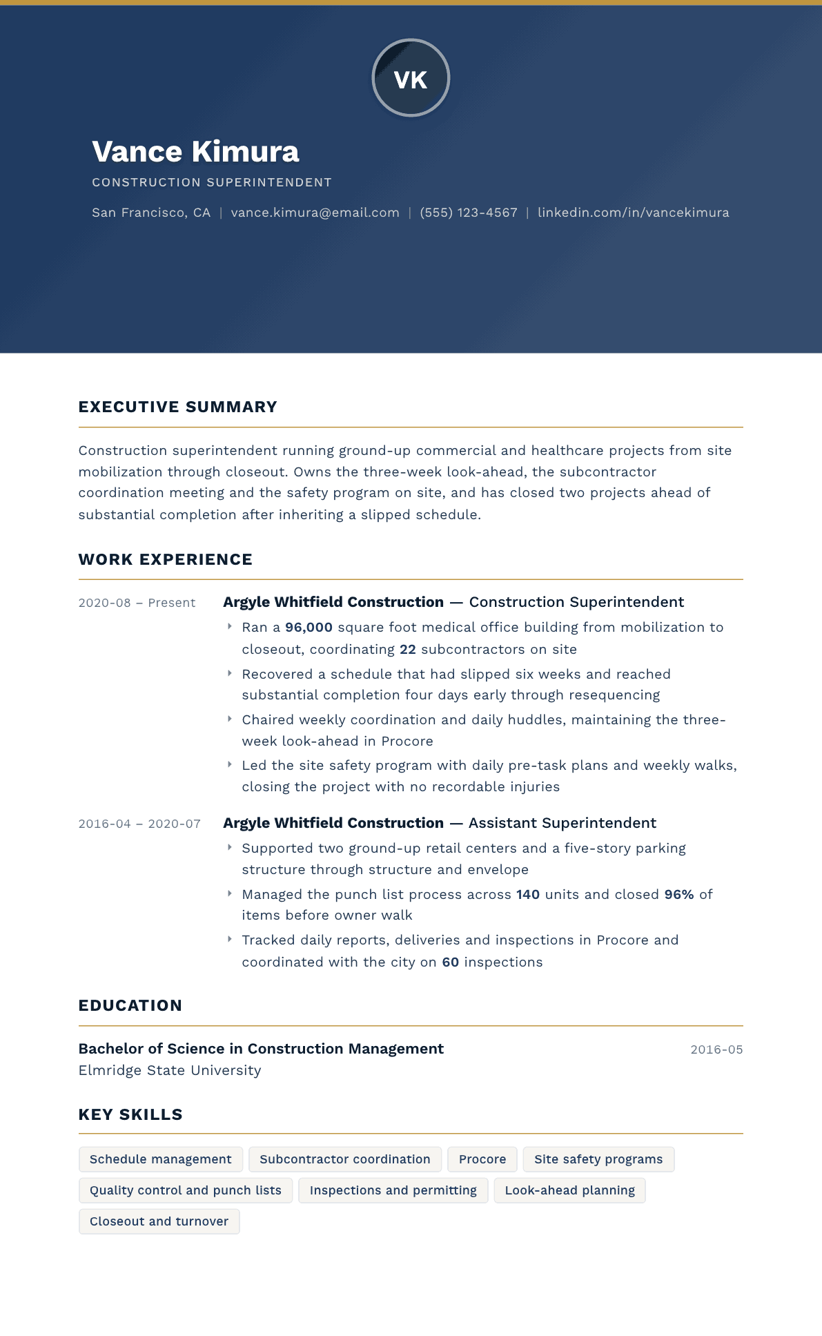 Construction Superintendent resume example, Sovereign template