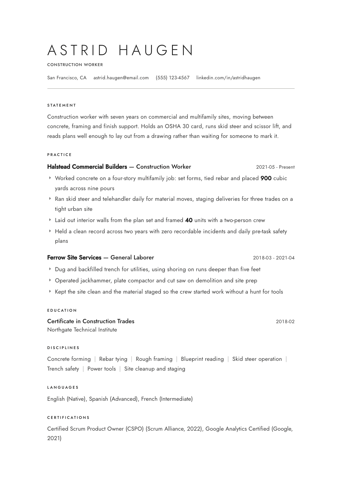 Construction Worker resume example, Atelier template