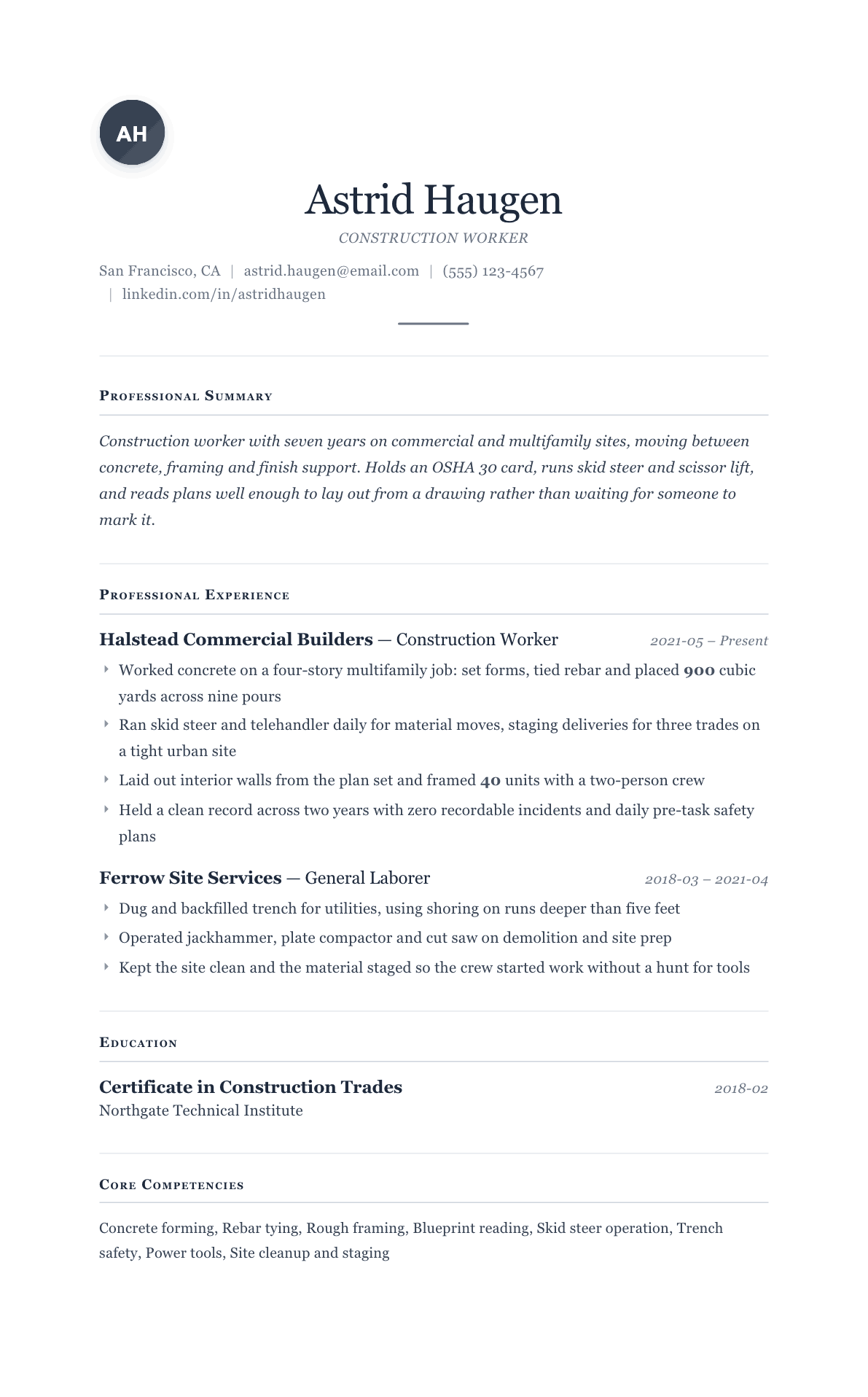Construction Worker resume example, Cornerstone template