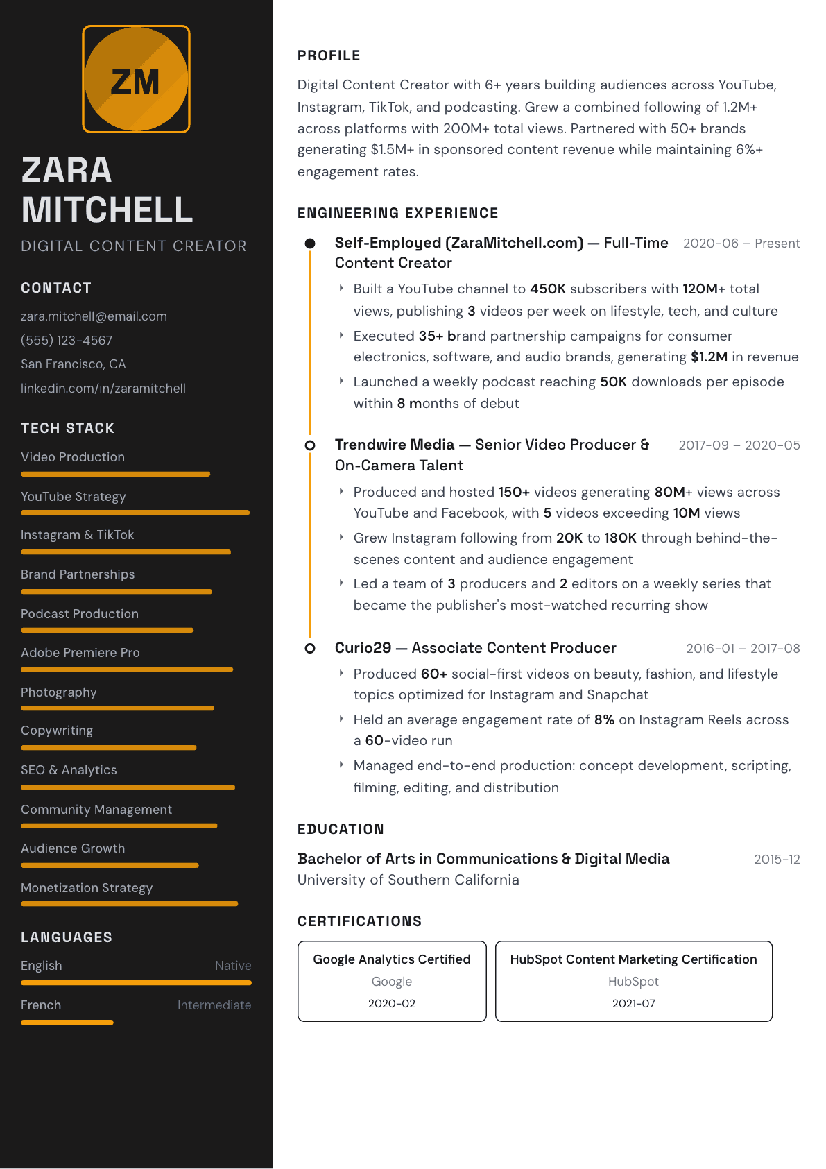 Content Creator resume example, Architect template