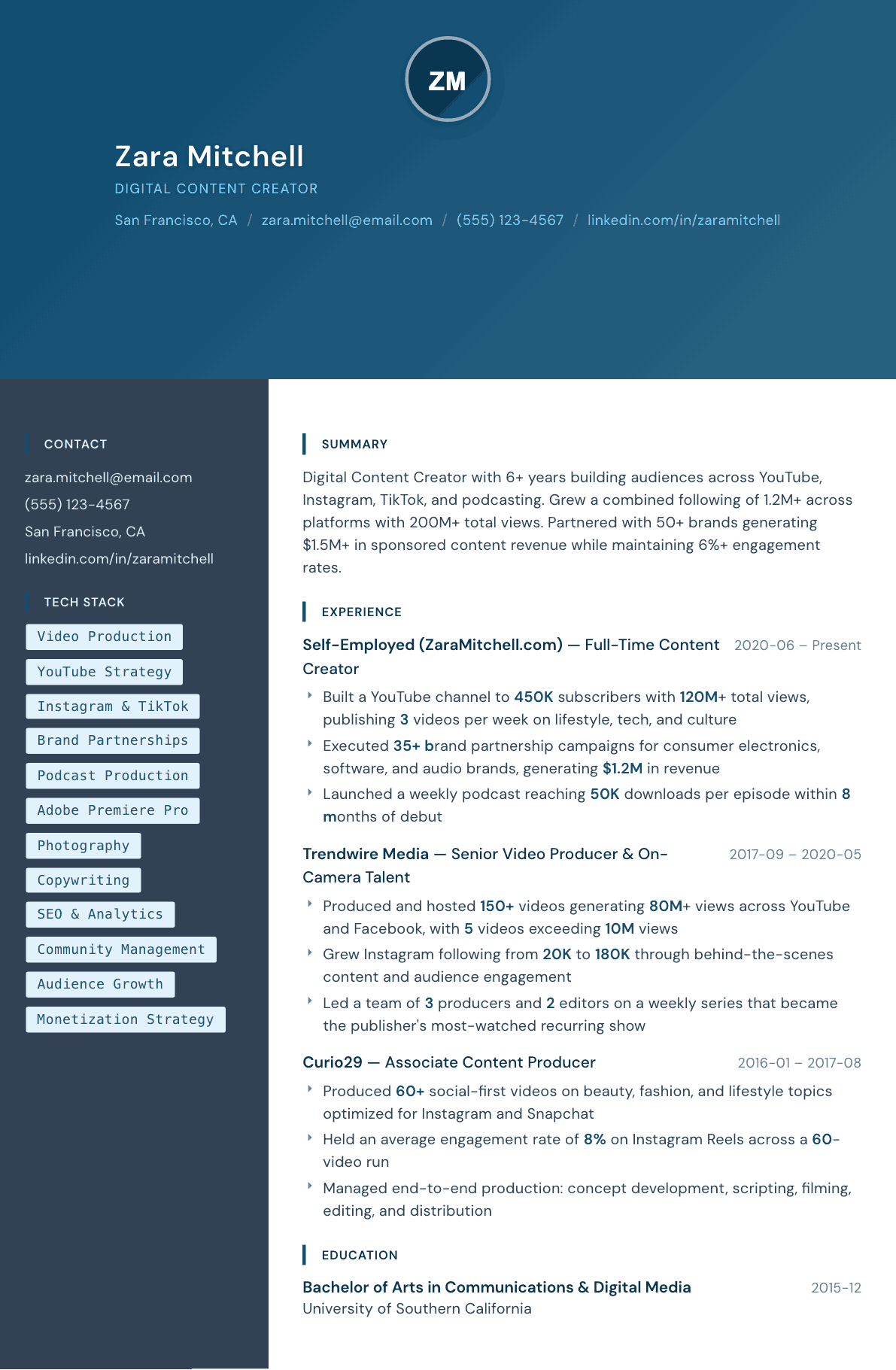 Content Creator resume example, Prism template