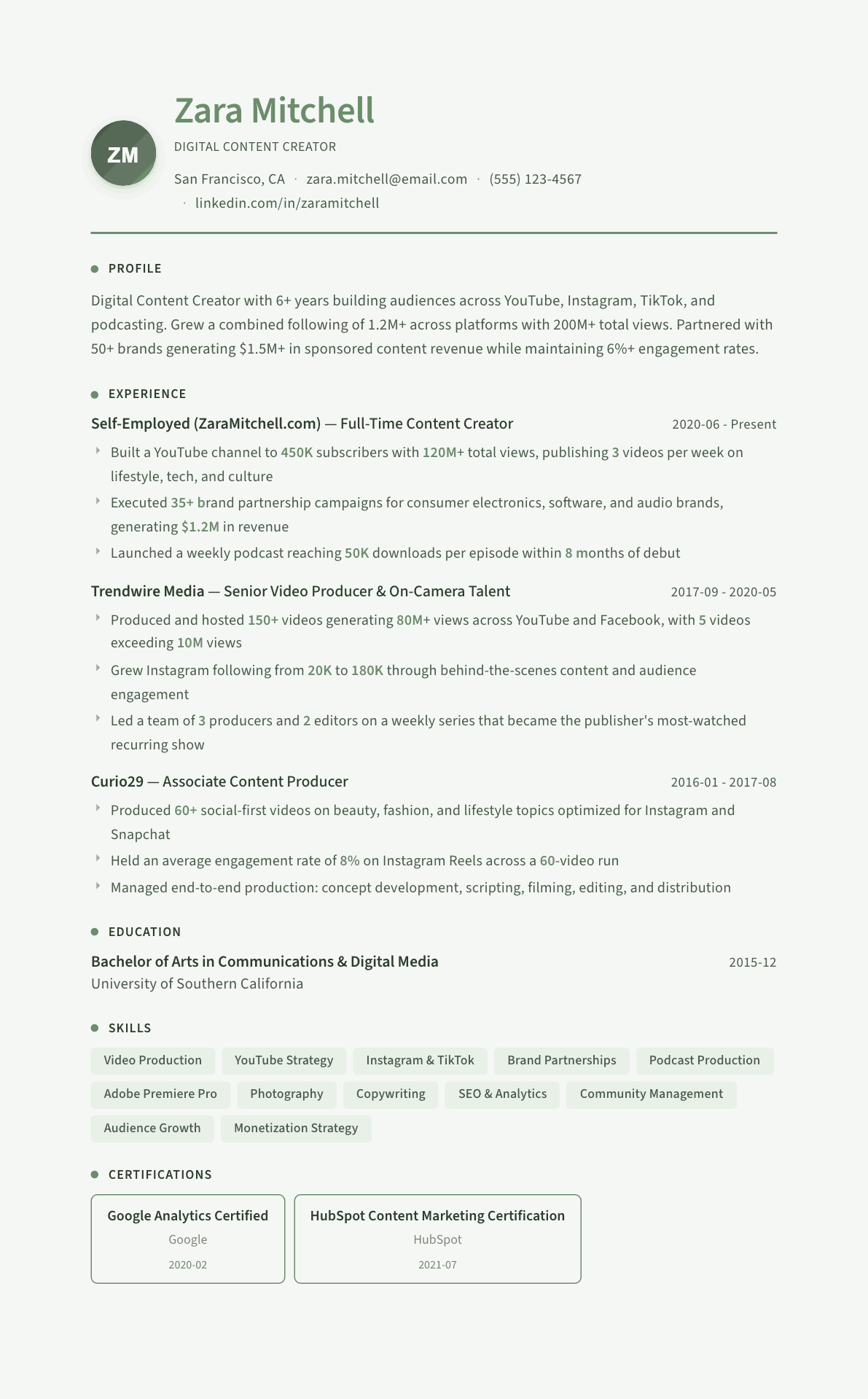 Content Creator resume example, Sage Garden template