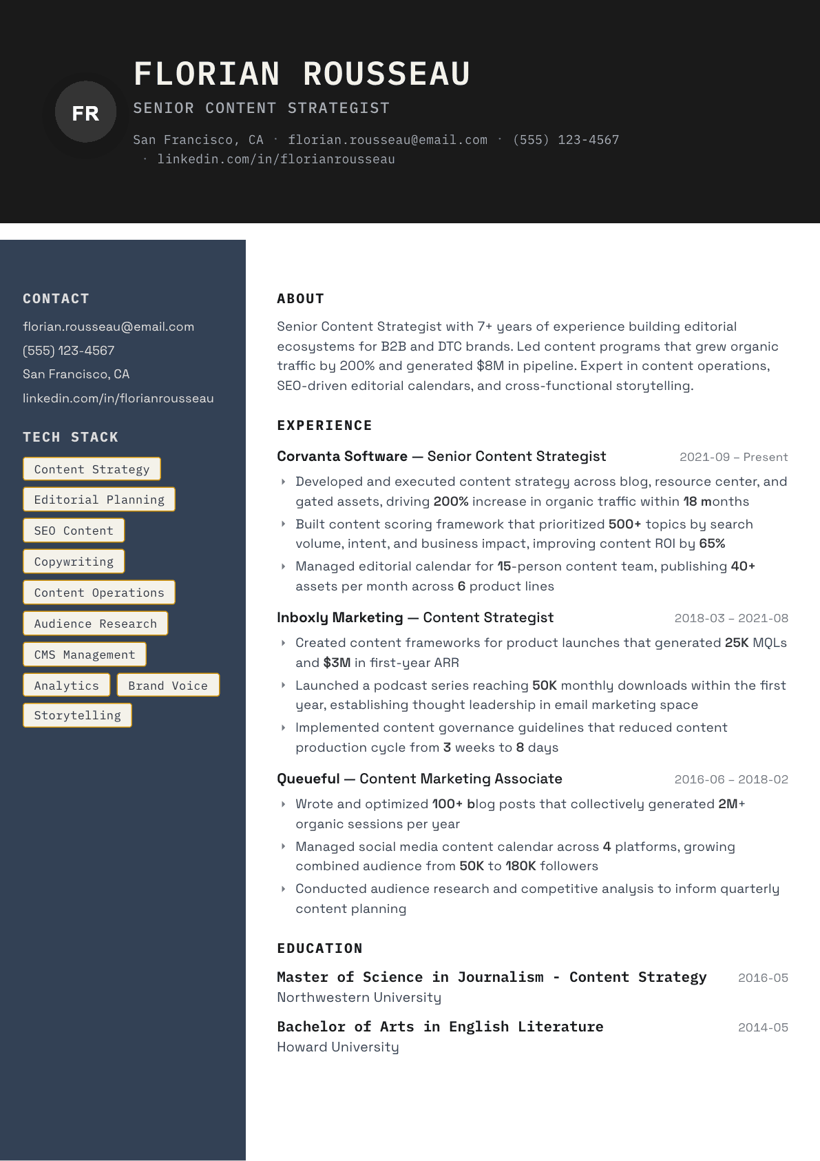 Content Strategist resume example, Codebase template